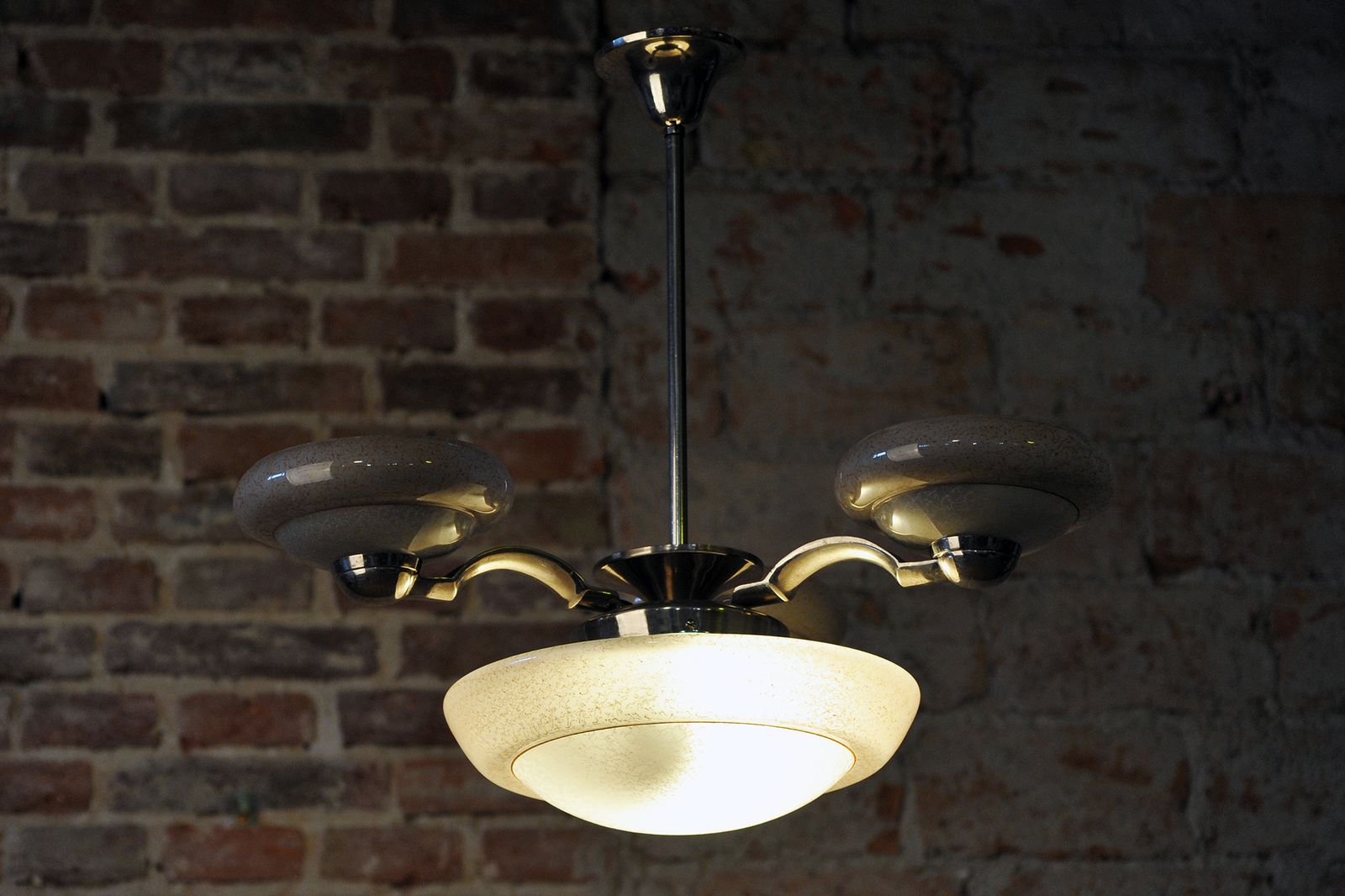 Restored Art Deco Chandelier, Chrome Plated Steel, Marble Glass, Czech, 1920s photo vintage