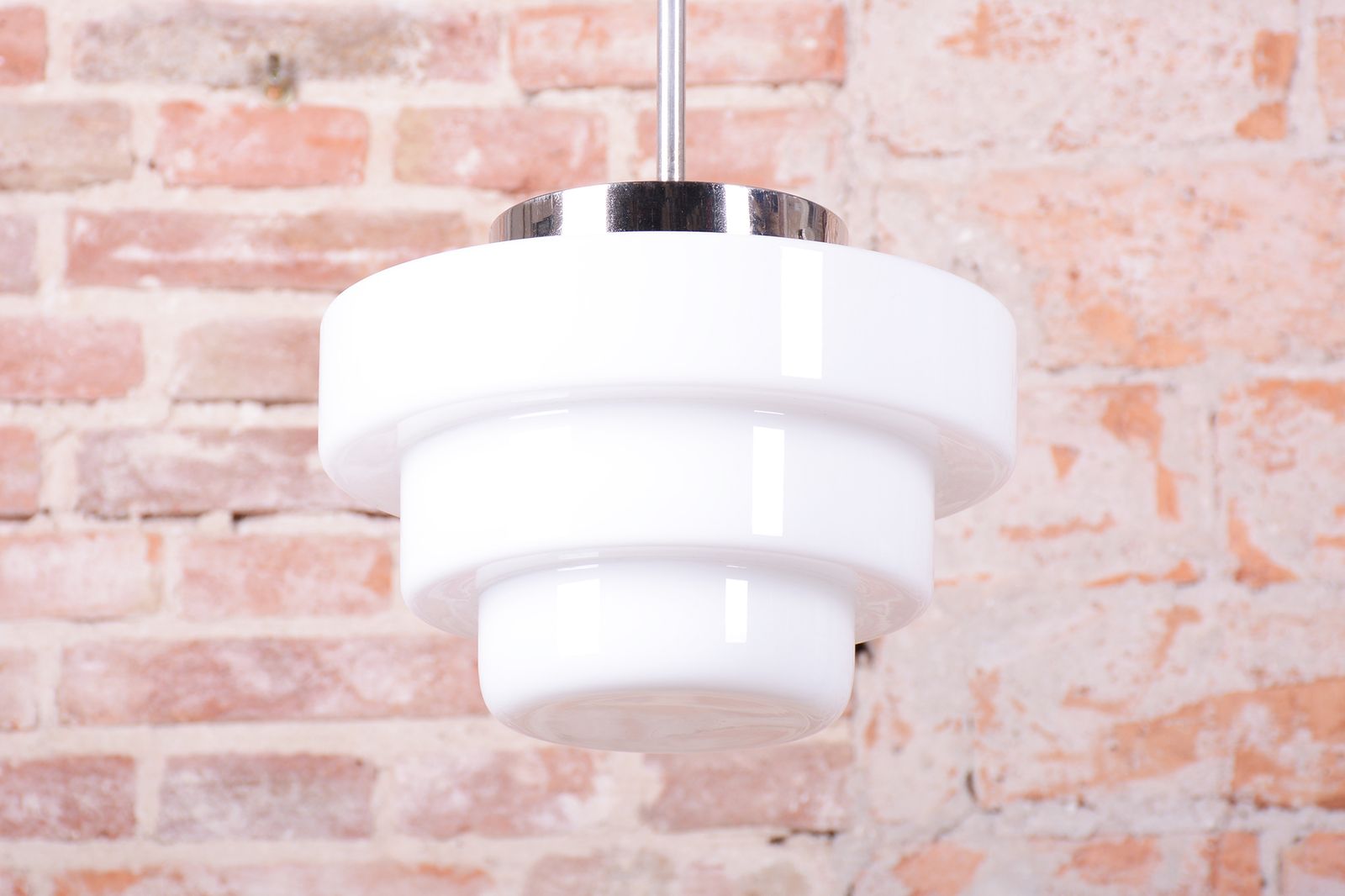 Restored Art Deco Chandelier, Chrome Plated Steel, Opaline Glass, Czech, 1920s photo for sale