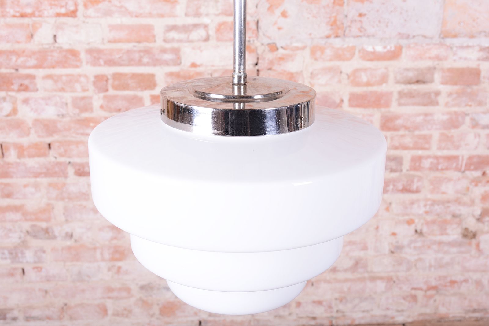 Restored Art Deco Chandelier, Chrome Plated Steel, Opaline Glass, Czech, 1920s photo Lighting