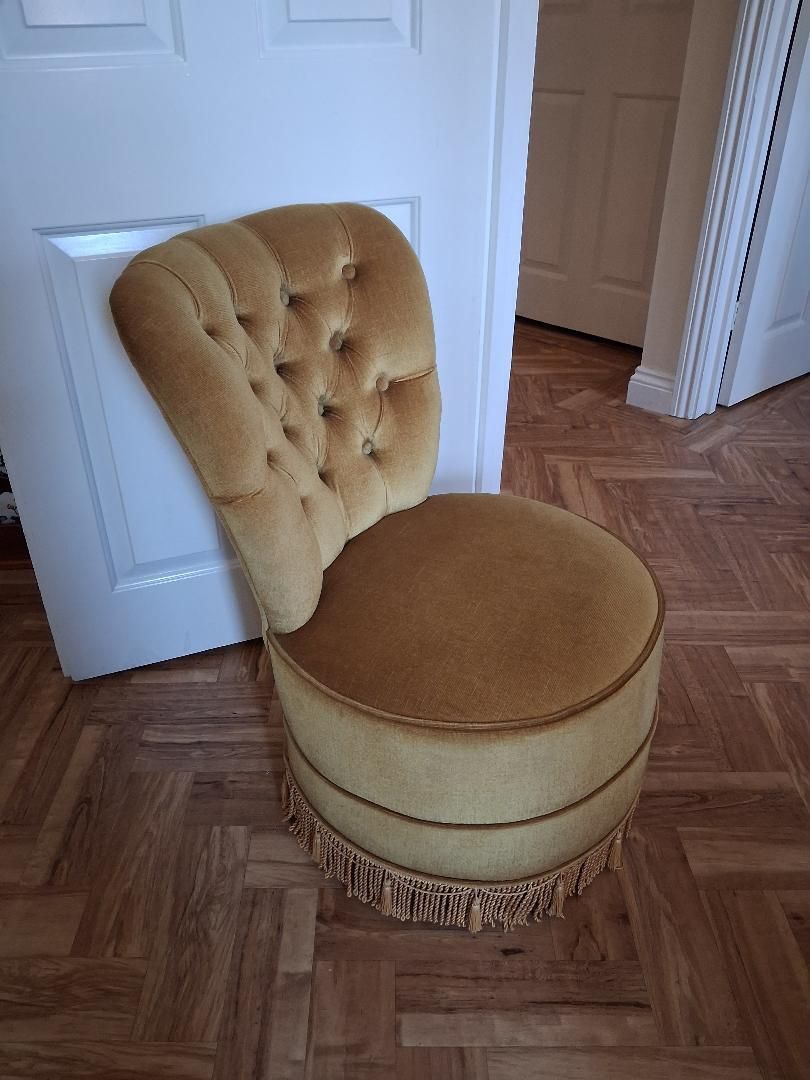 Vintage Gold Dralon Mid Century Buttoned Back Fringed Boudoir Cocktail Chair