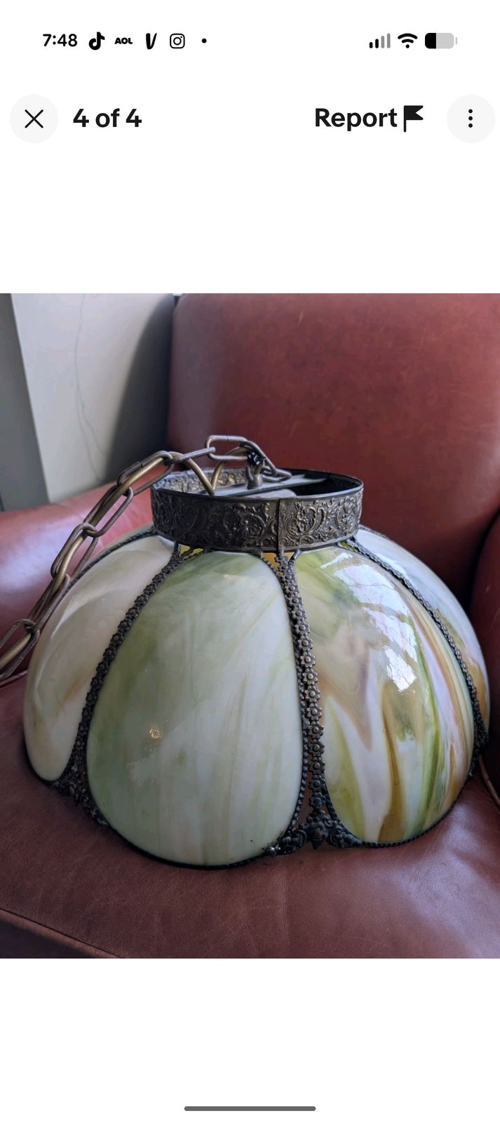 Vintage 1970s Tulip Slag Glass Swag Lamp Green Amber 8 Panel Tiffany Style Light photo for sale