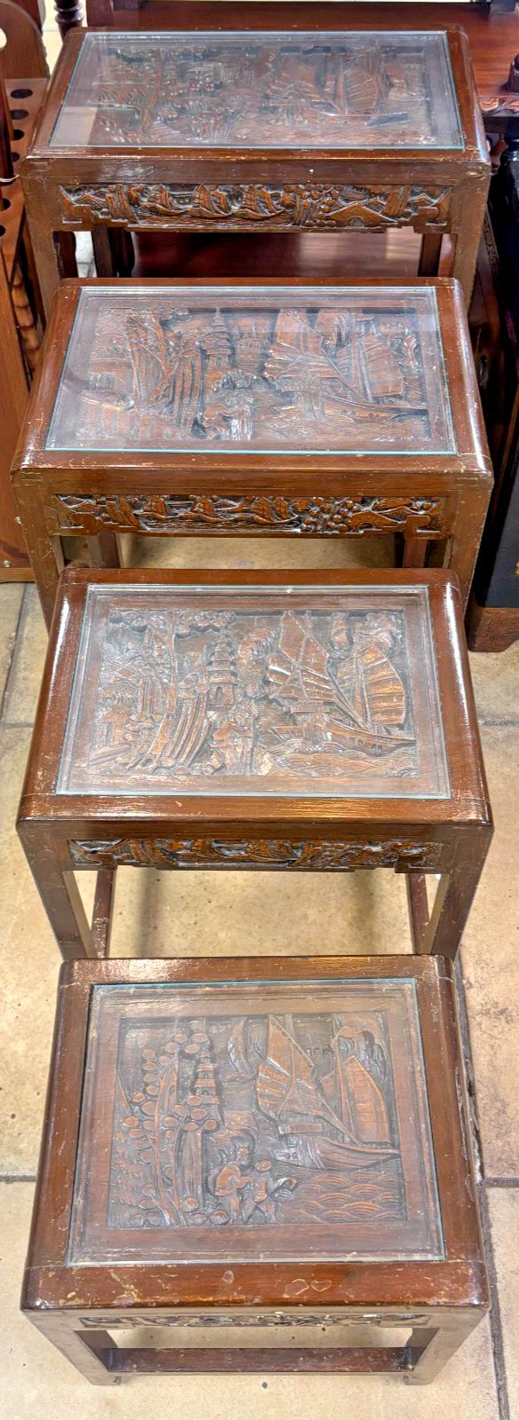 Antique Chinese Heavily Carved Four Nest Of Tables With Glass Tops photo furniture