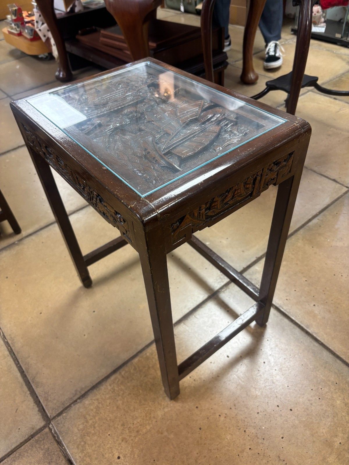 photo for sale Antique Chinese Heavily Carved Four Nest Of Tables With Glass Tops