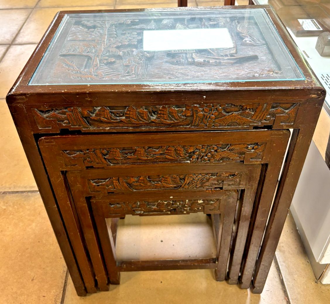 210.0 Antique Chinese Heavily Carved Four Nest Of Tables With Glass Tops photo