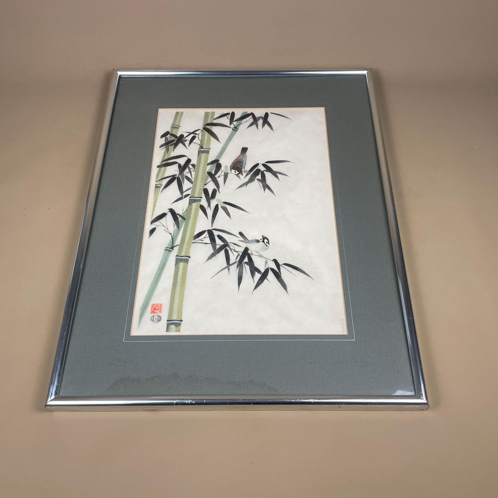 Oriental Hand Painted Picture Framed Vintage Bamboo Birds Silver Frame Wood Art Silk Antique 60x47cm Original Artwork Fabric Block Printed