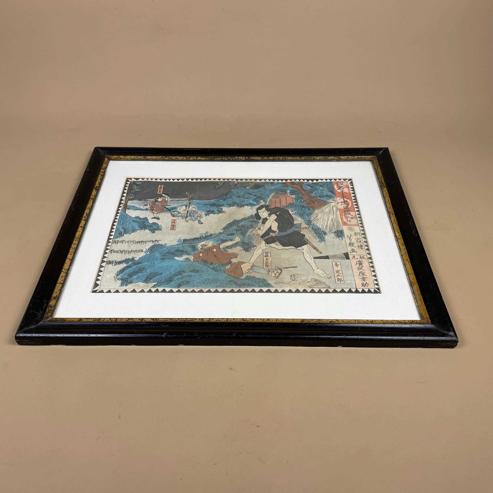 Antique Hand Printed Painted Picture Framed Oriental Art Original Print Black Vintage Wood Japanese 38x48cm Original Artwork Japan photo furniture
