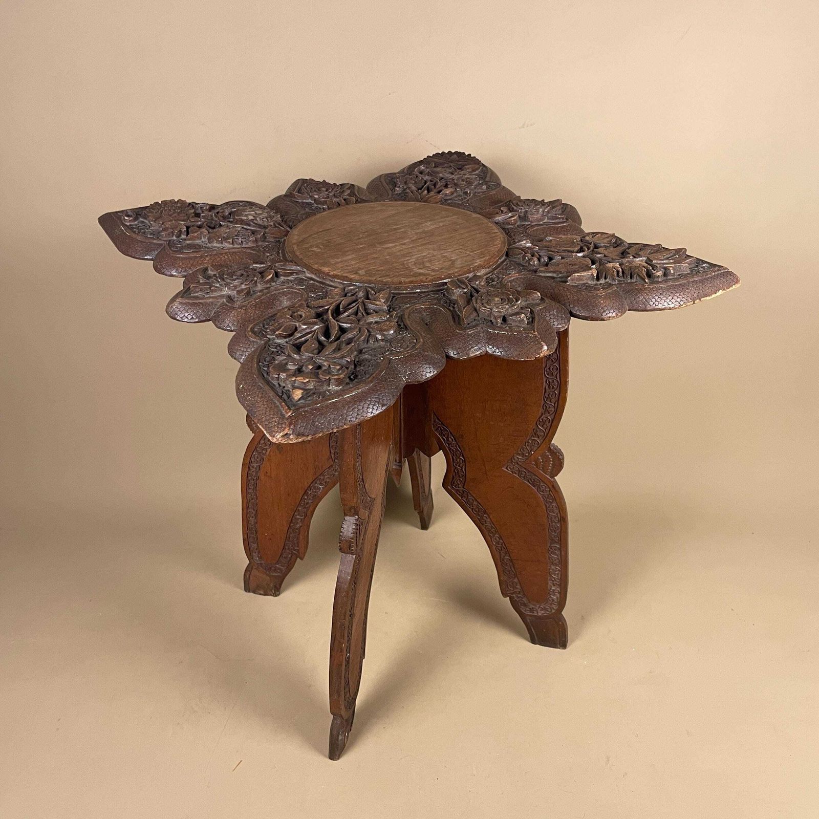 Anglo Indian Wooden Table Fold Down Campaign Decorative Intricate Patterned Hand Crafted Square C.1900 Antique Asian Plant Stand Carved Wood photo furniture
