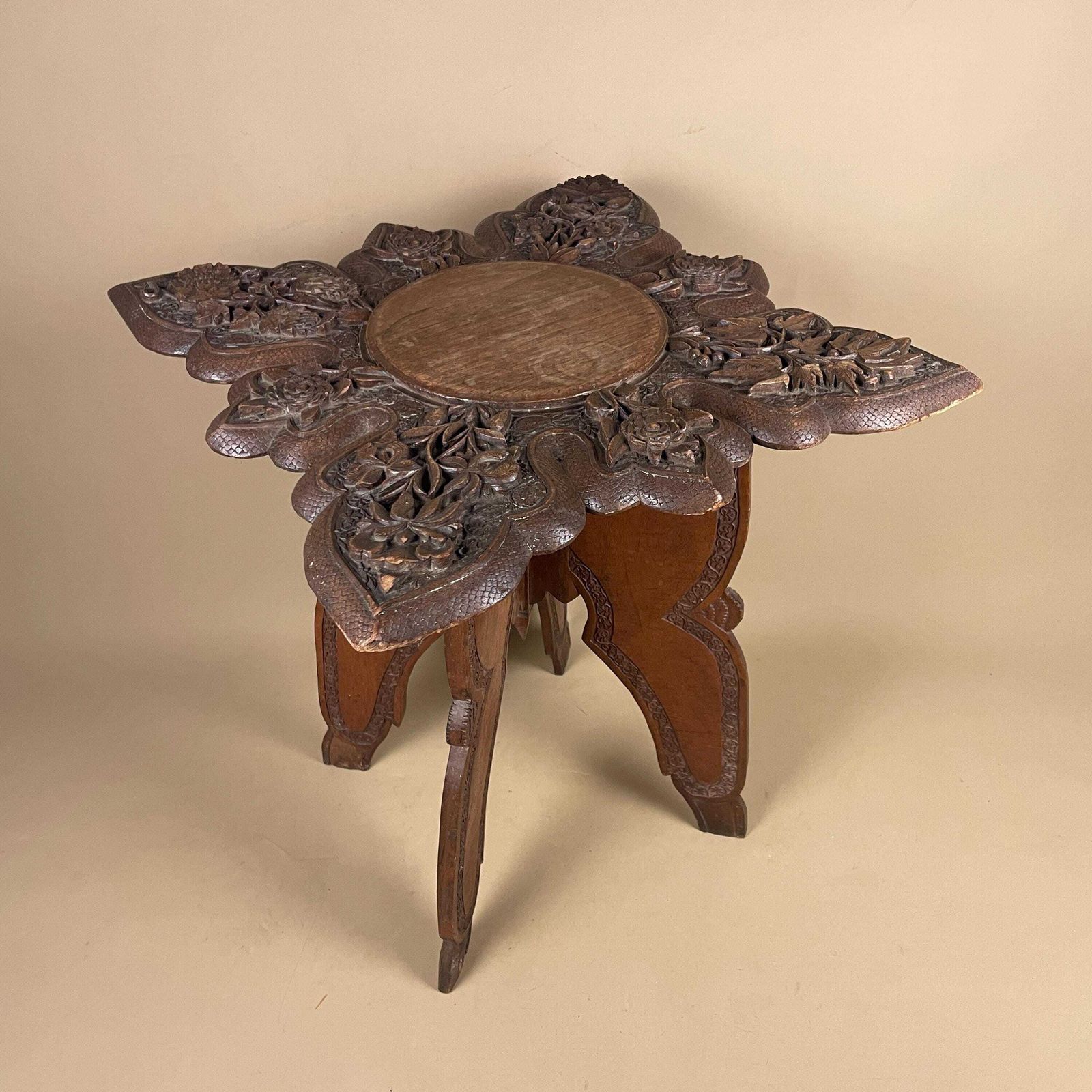 Anglo Indian Wooden Table Fold Down Campaign Decorative Intricate Patterned Hand Crafted Square C.1900 Antique Asian Plant Stand Carved Wood photo Furniture
