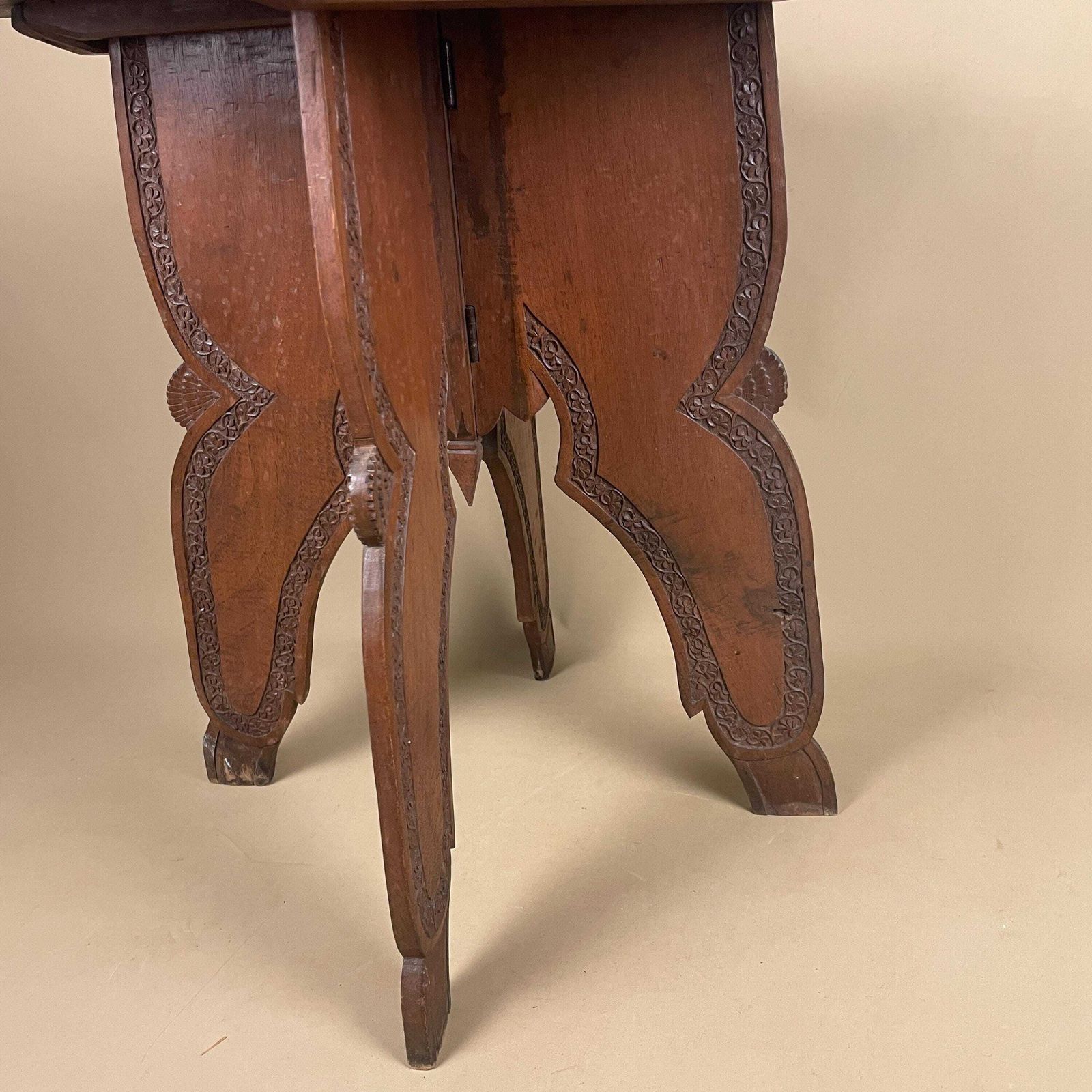 215.0 Anglo Indian Wooden Table Fold Down Campaign Decorative Intricate Patterned Hand Crafted Square C.1900 Antique Asian Plant Stand Carved Wood photo