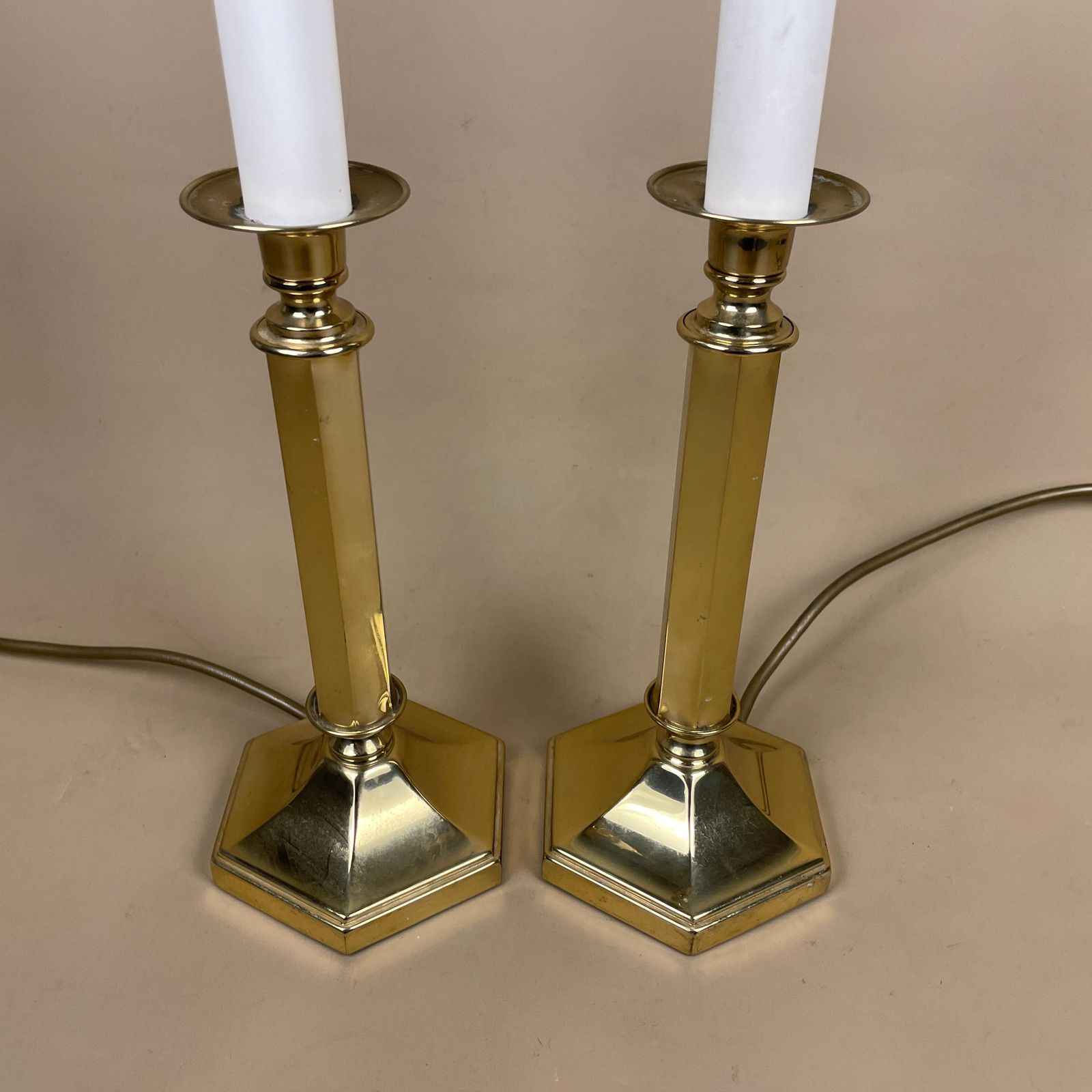 Antique Matching Pair Of Metal Gold Brass Lamps Lights Bedside Side Lamp Table Desk Light Column Hexagon Base Vintage Classic Two Set Candle photo Lighting