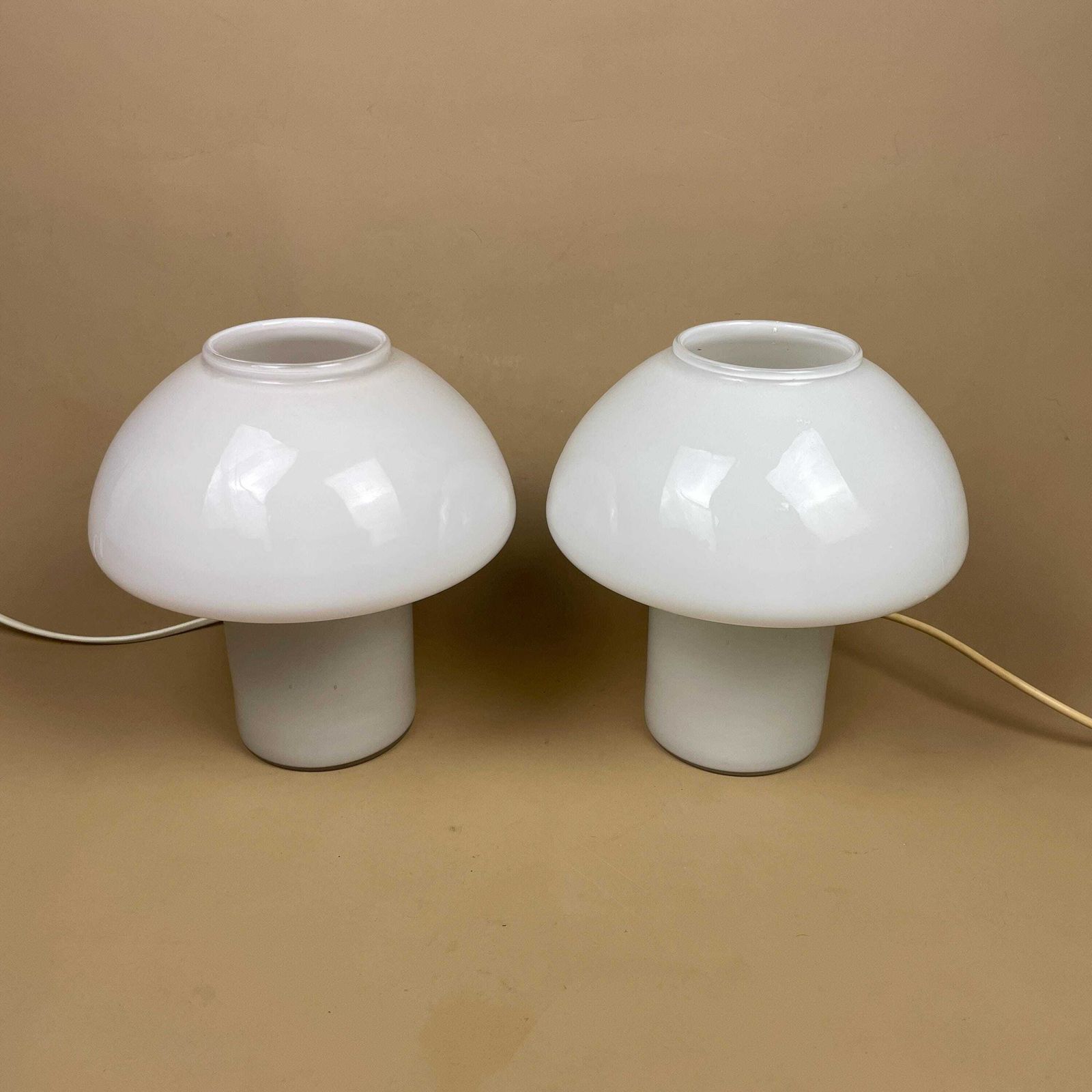 Pair Of 2 Mushroom Glass Lamps Light Bedside Table Metal White Art Deco Round Base Vintage Elegant Lamp Light Set Matching 2 photo for sale