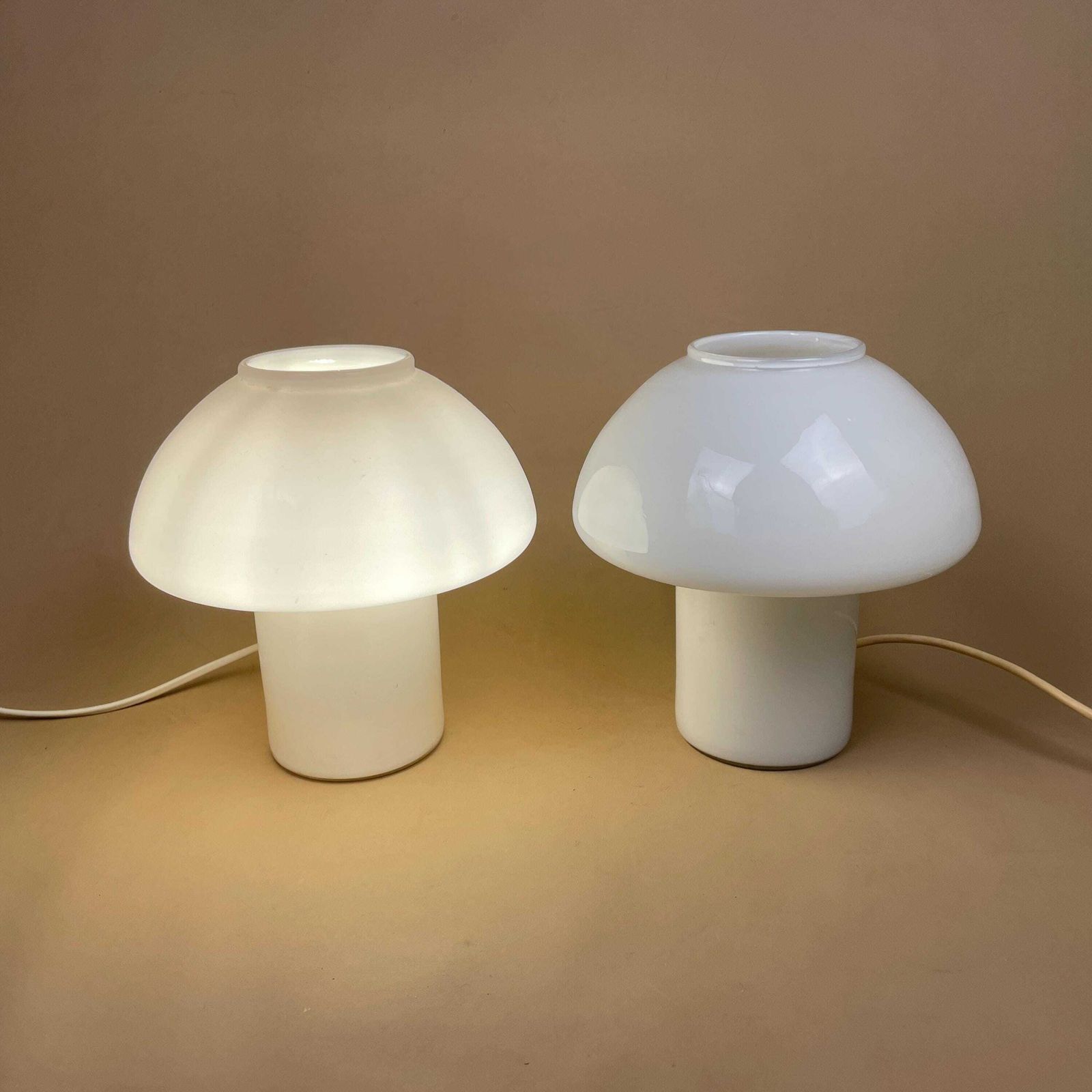 photo for sale Pair Of 2 Mushroom Glass Lamps Light Bedside Table Metal White Art Deco Round Base Vintage Elegant Lamp Light Set Matching 2