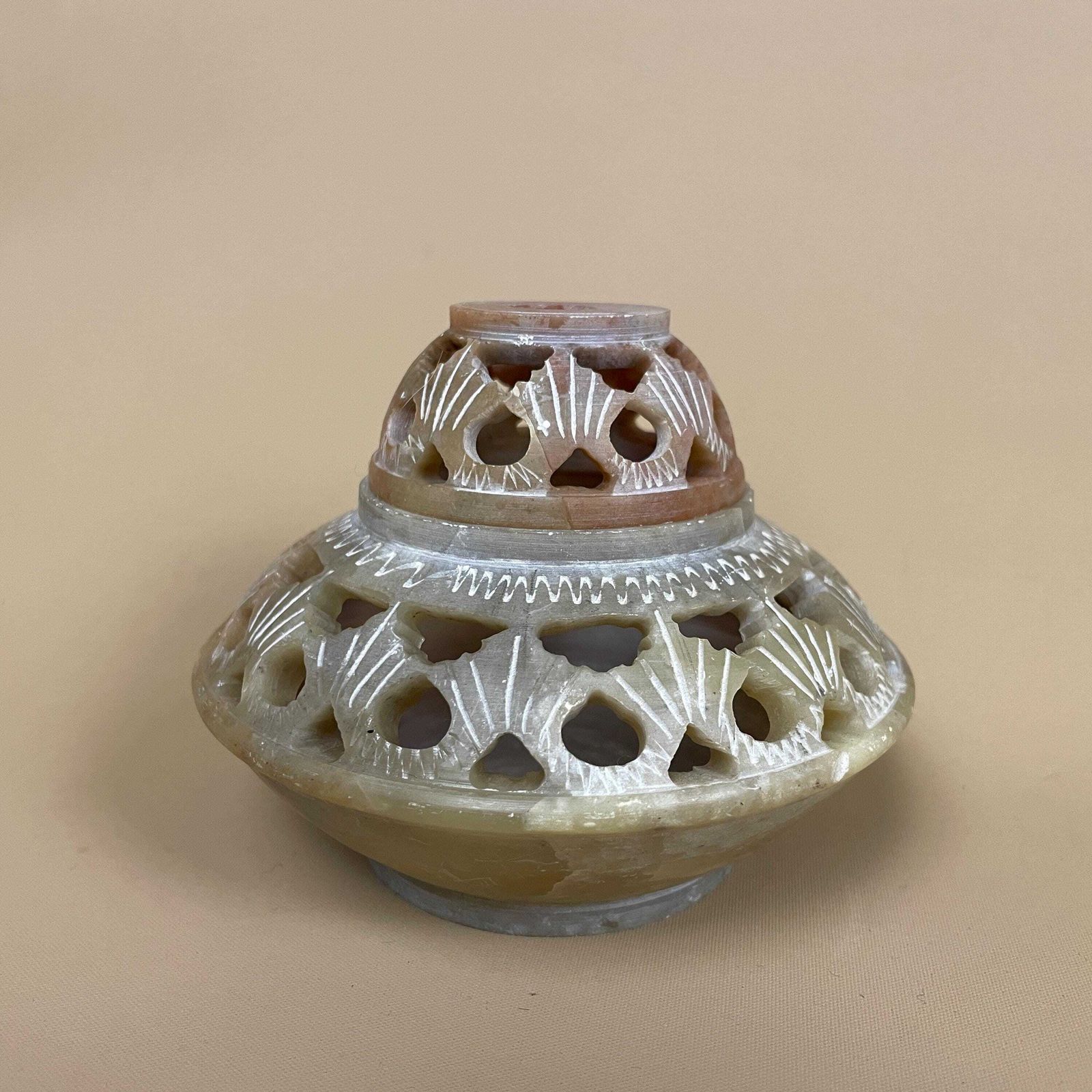 Soapstone Tea Light Holder Carved Pot Pierced Lid Indian Incense Burner Decor Box Potpourri Holder Trinket photo for sale