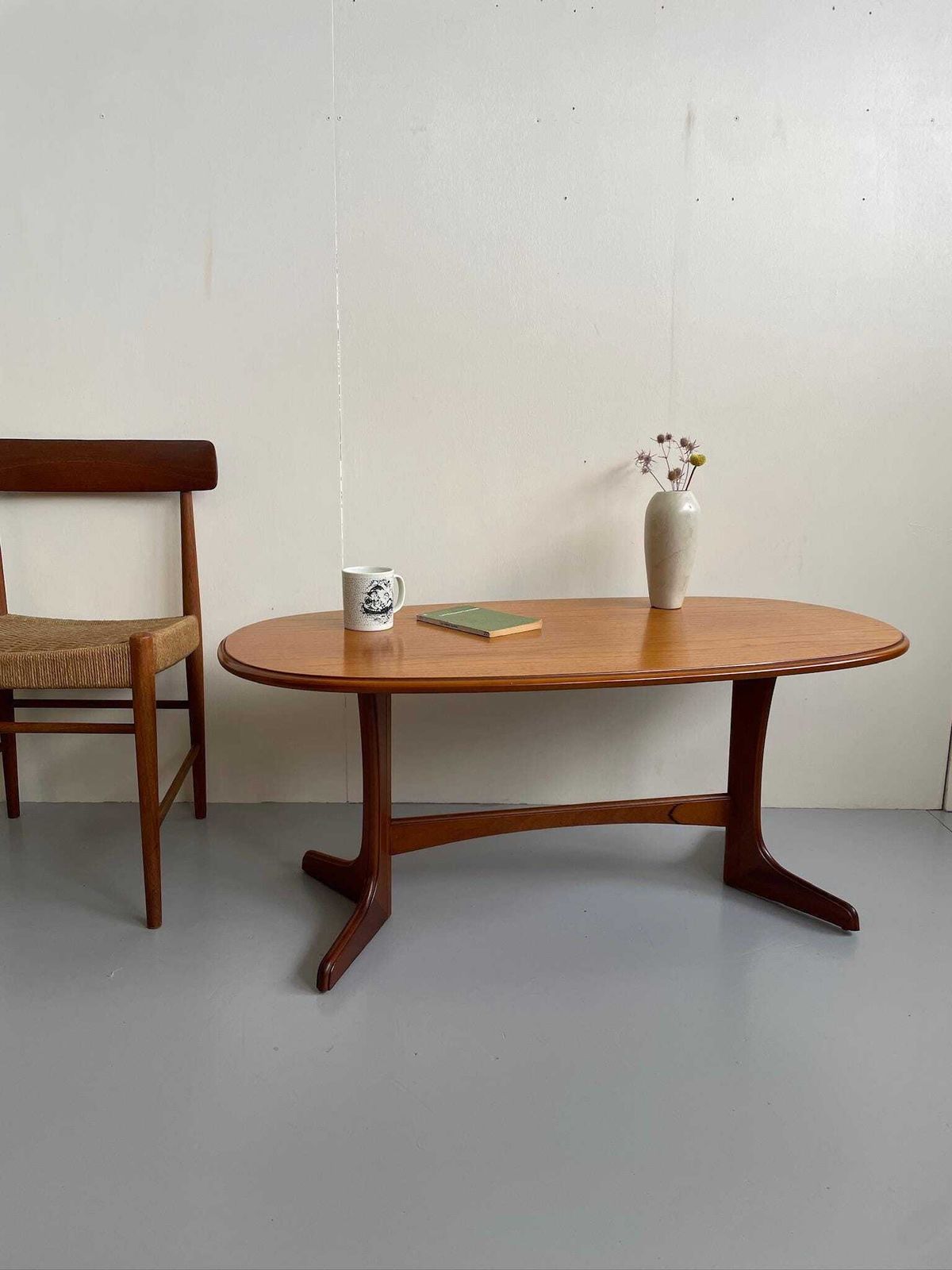 Vintage Oval Wooden Coffee Table With Curved Legs Mid Century Scandi Style