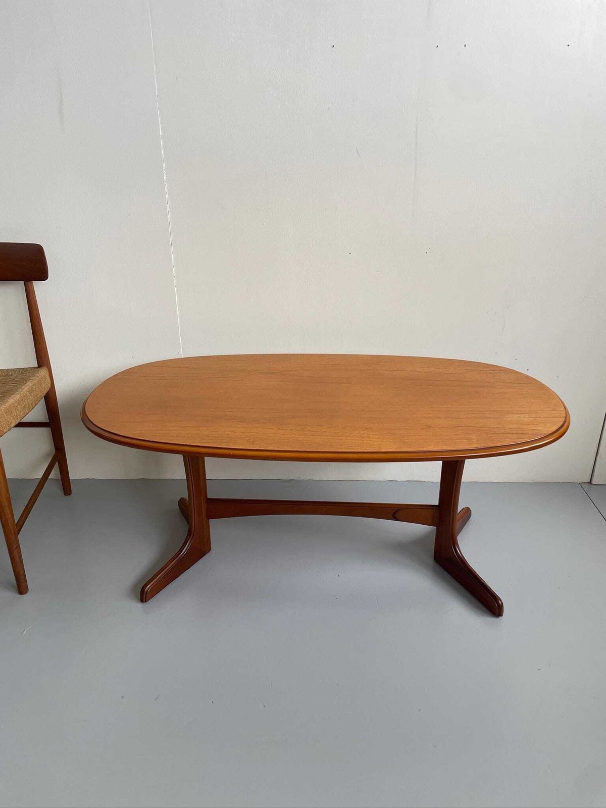 Vintage Oval Wooden Coffee Table With Curved Legs Mid Century Scandi Style photo for sale