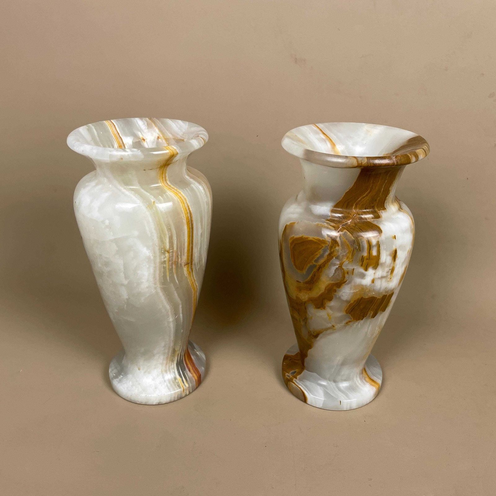 Marble Vases Pots Brown Green Cream Natural Pattern Ornament Vintage Decorative Onyx Hand Carved Stone Pair Tabletop Accent Mantel Decor photo Home Decor