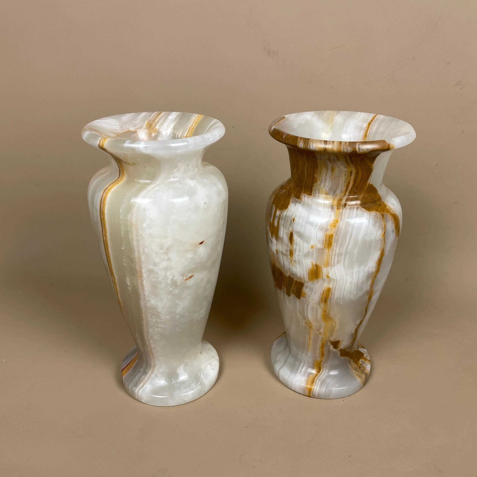 Marble Vases Pots Brown Green Cream Natural Pattern Ornament Vintage Decorative Onyx Hand Carved Stone Pair Tabletop Accent Mantel Decor photo 95.0