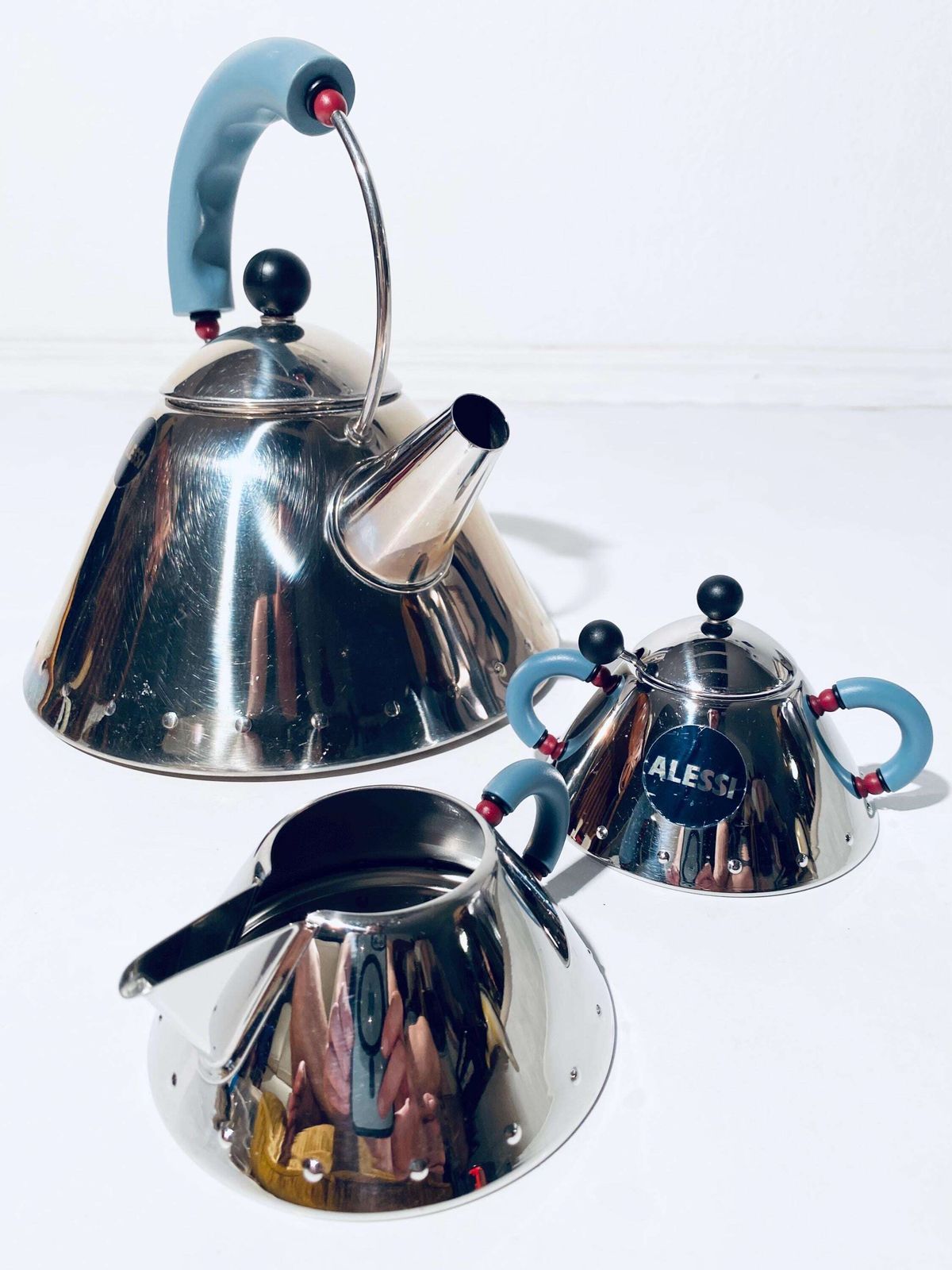 Alessi Michael Graves Chrome Set / Waterkettle 9093 Milk & Sugar Pot Tea Coffee / 1980s Vintage Design photo Home Decor