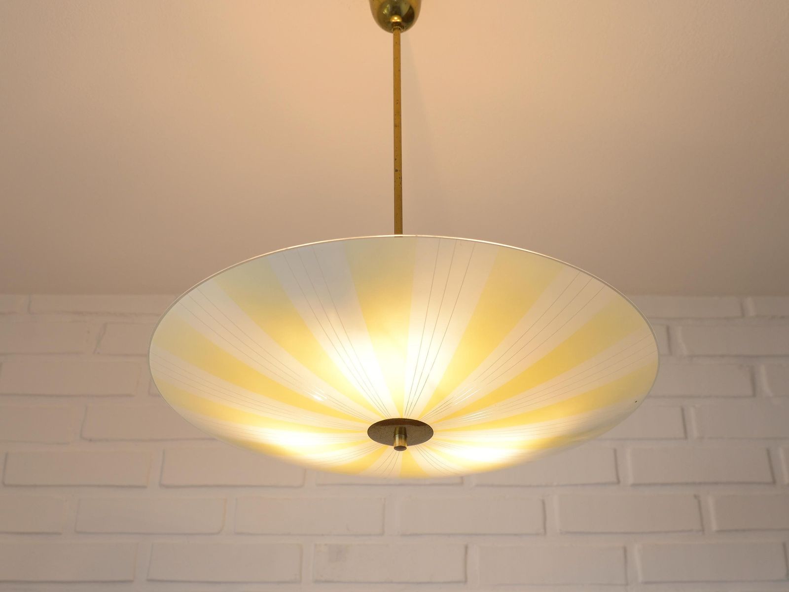 Vintage Sunburst Hanging Lamp / Yellow Glass Chandelier / Saucer Pendant Lamp / Space Age 1950's