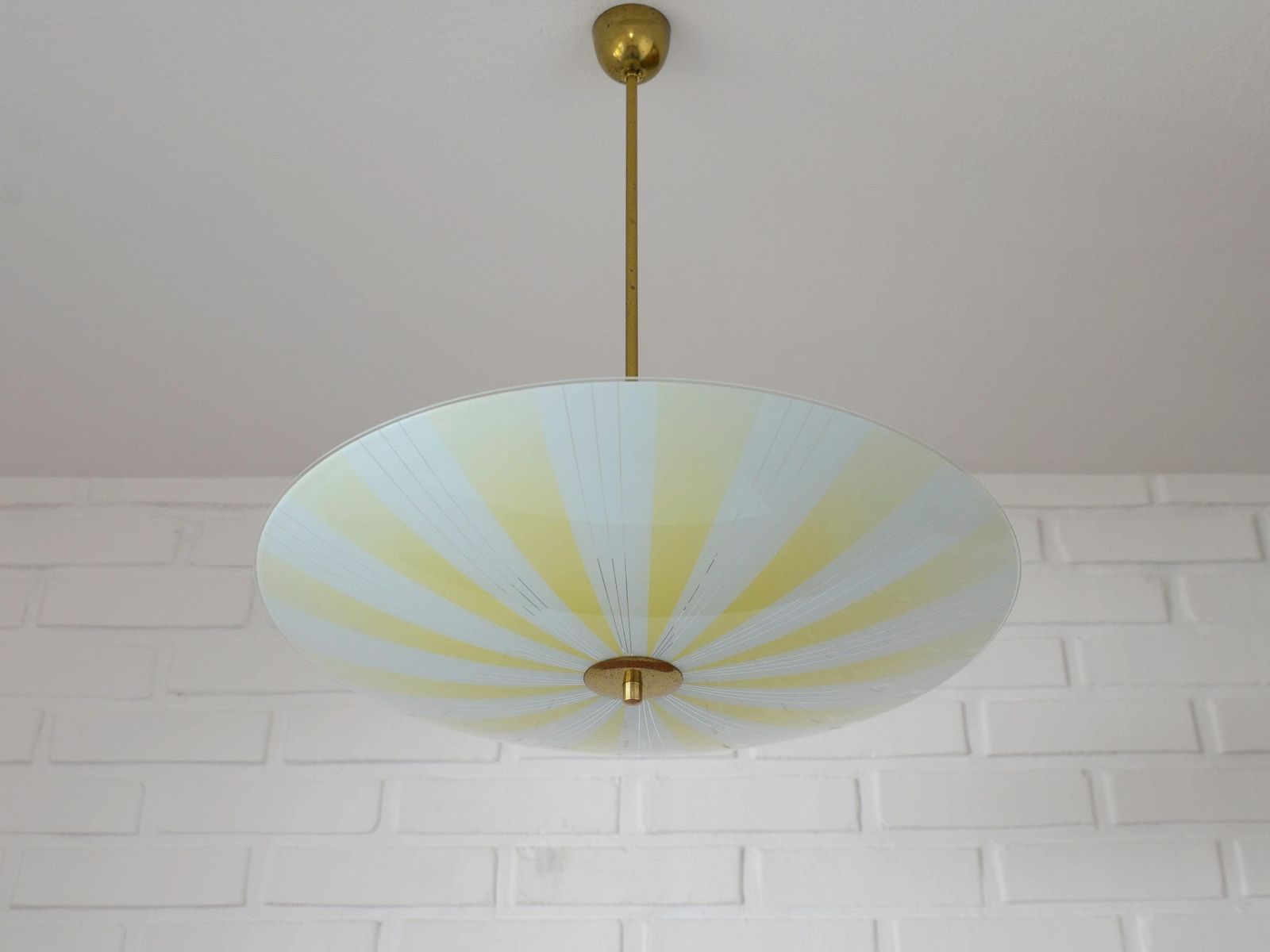 Vintage Sunburst Hanging Lamp / Yellow Glass Chandelier / Saucer Pendant Lamp / Space Age 1950's photo Lighting