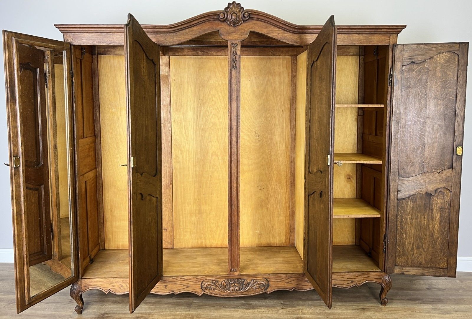 photo for sale Wardrobe Vintage French Louis XVI Style Oak Four Door Mirrored  Armoire Lot 4901