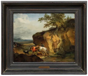 Follower Of Nicolaes Berchem Framed 18th Century Oil, Drover With Livestock photo furniture