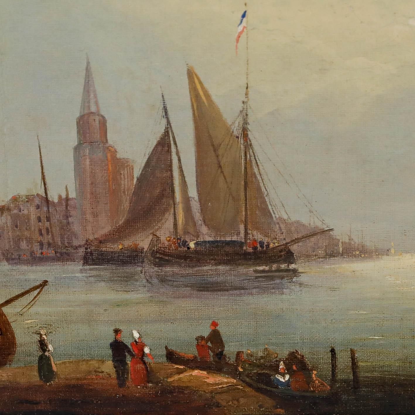 Framed 19th Century Oil A Busy Dutch Port photo 450.0