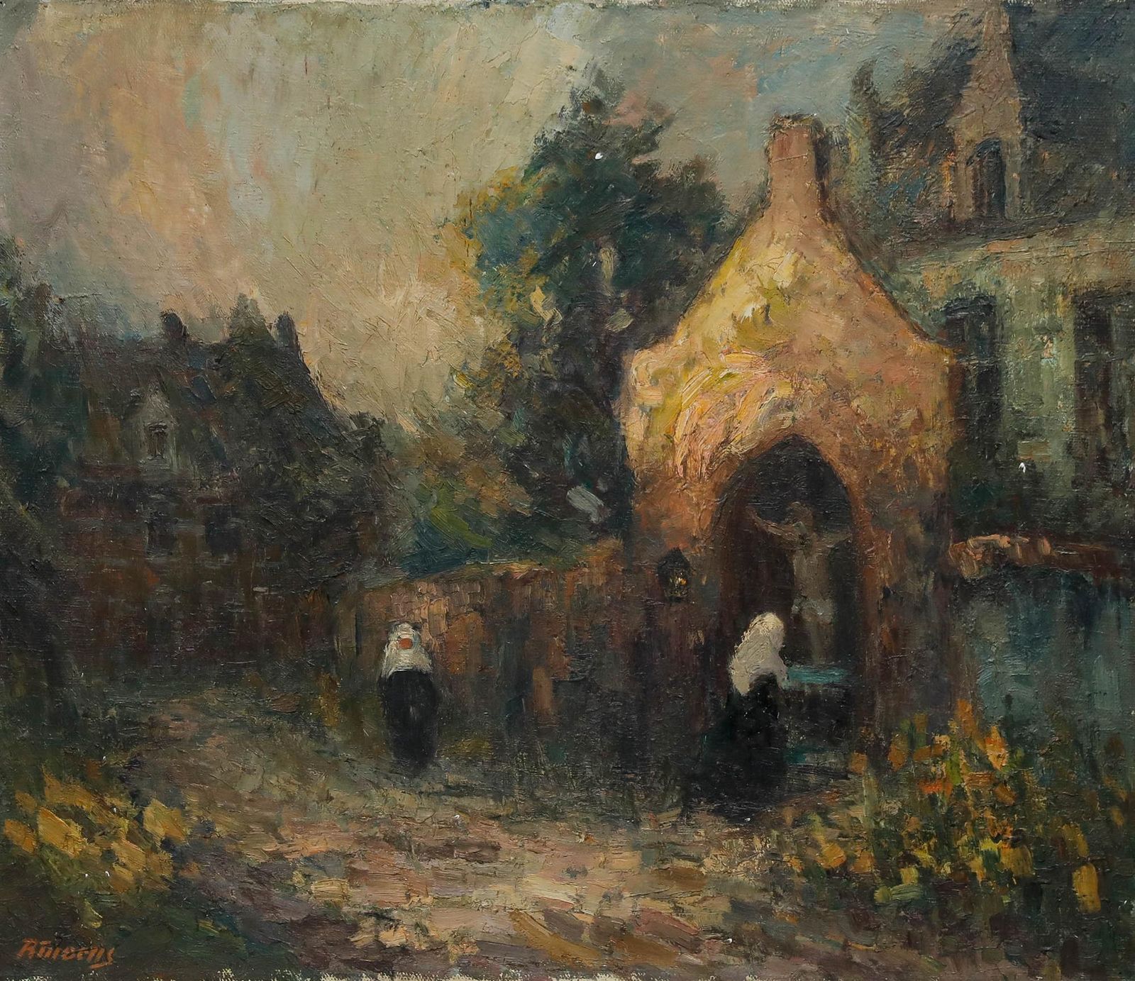 Robert Moens (1908 1977) Mid 20th Century Oil, Nuns At The Shrine photo furniture