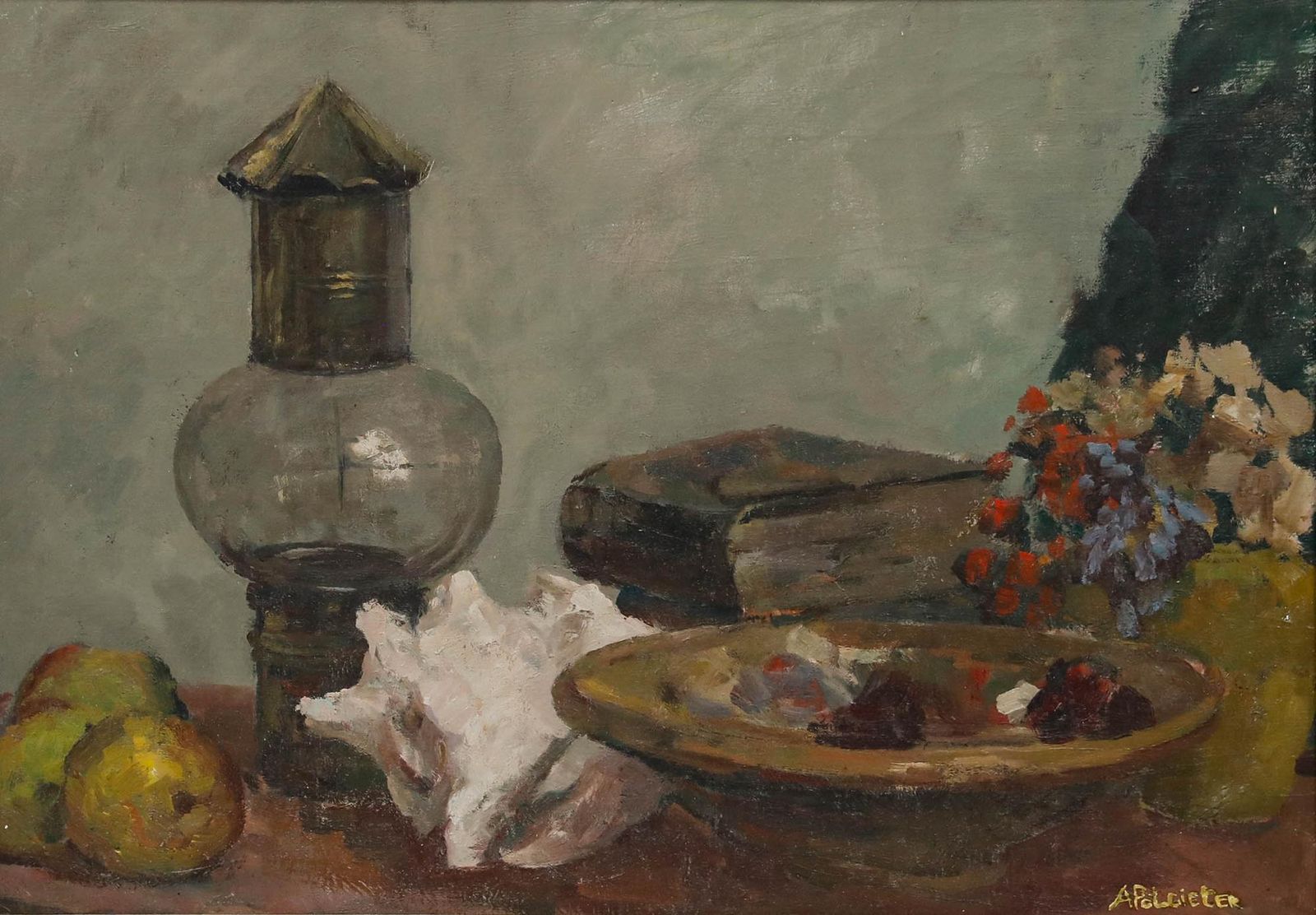 Adam Potgieter (1899 1982) Mid 20th Century Oil, Still Life With Lamp photo furniture