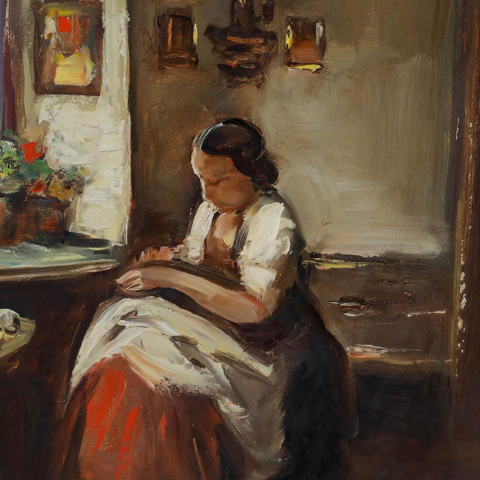 Georg Albert Dorschefeldt (1898 1979) Framed Oil, Mending Clothes photo 350.0