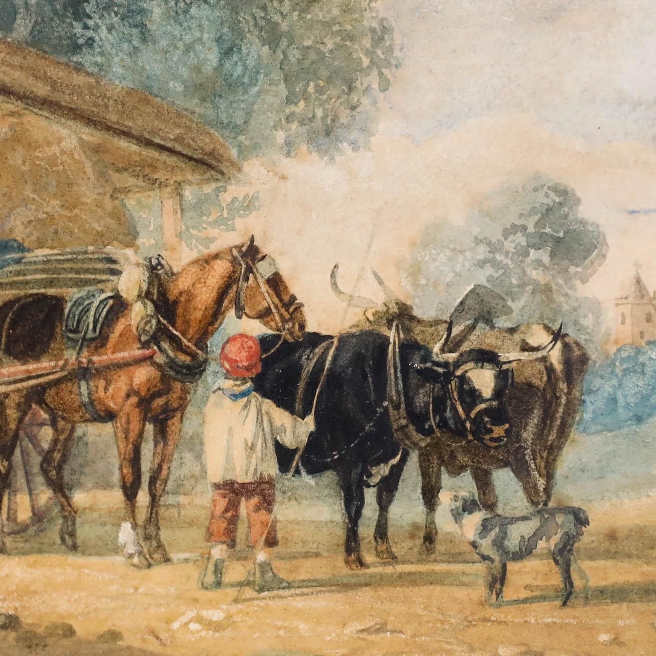 Framed Mid 19th Century Watercolour The Haywagon & Working Oxen photo Art