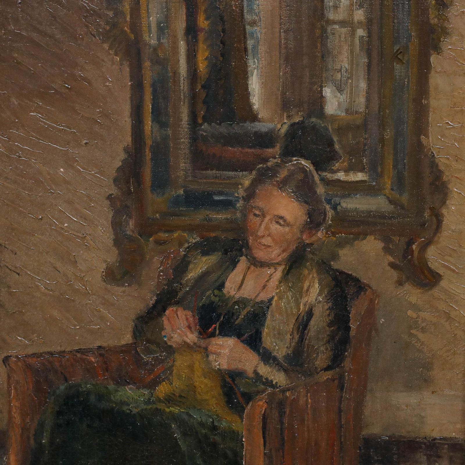 Framed Mid 20th Century Oil Knitting In The Afternoon photo Art