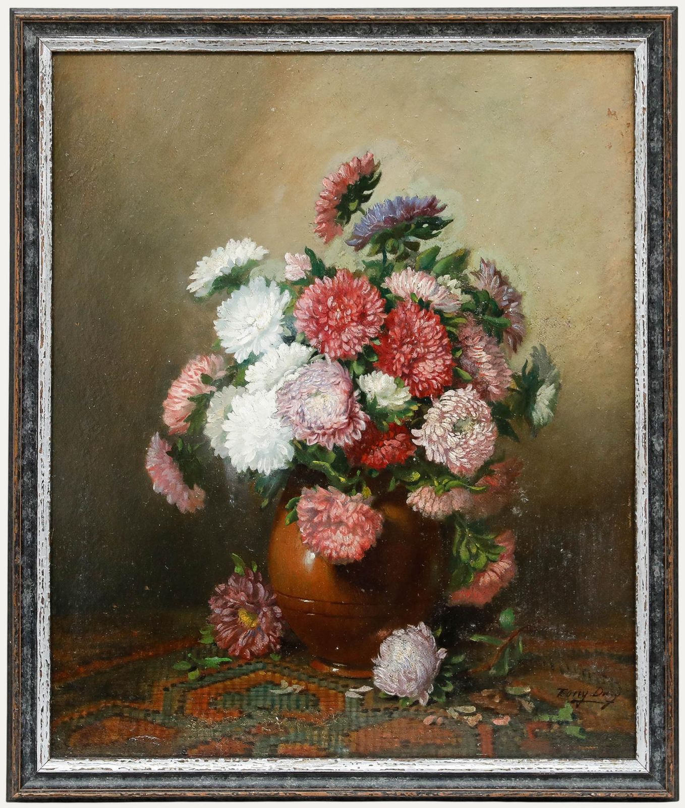 Framed Mid 20th Century Oil Still Life With Chrysanthemums