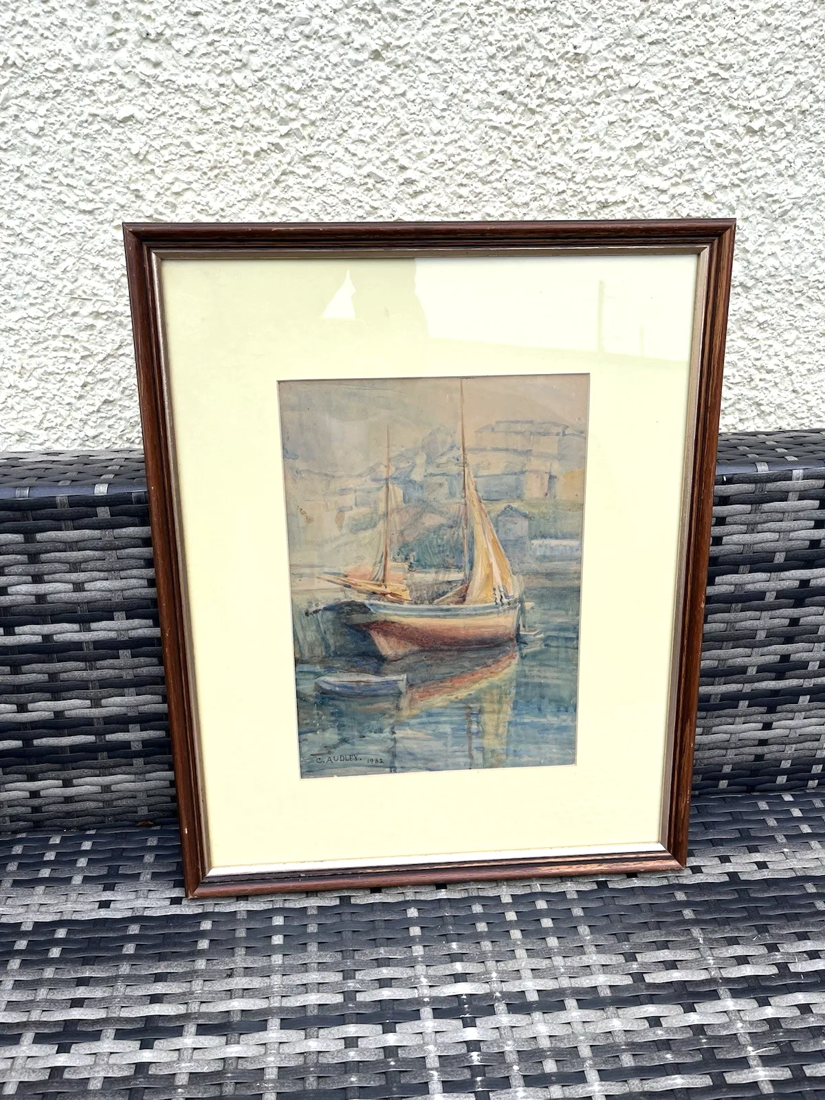 Antique Framed Watercolour Harbour Scene Sailing Boats Painting By Listed Artist photo for sale