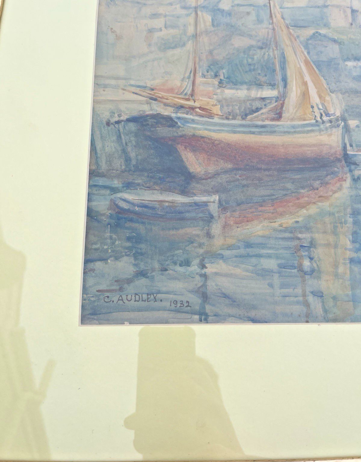 Antique Framed Watercolour Harbour Scene Sailing Boats Painting By Listed Artist photo vintage