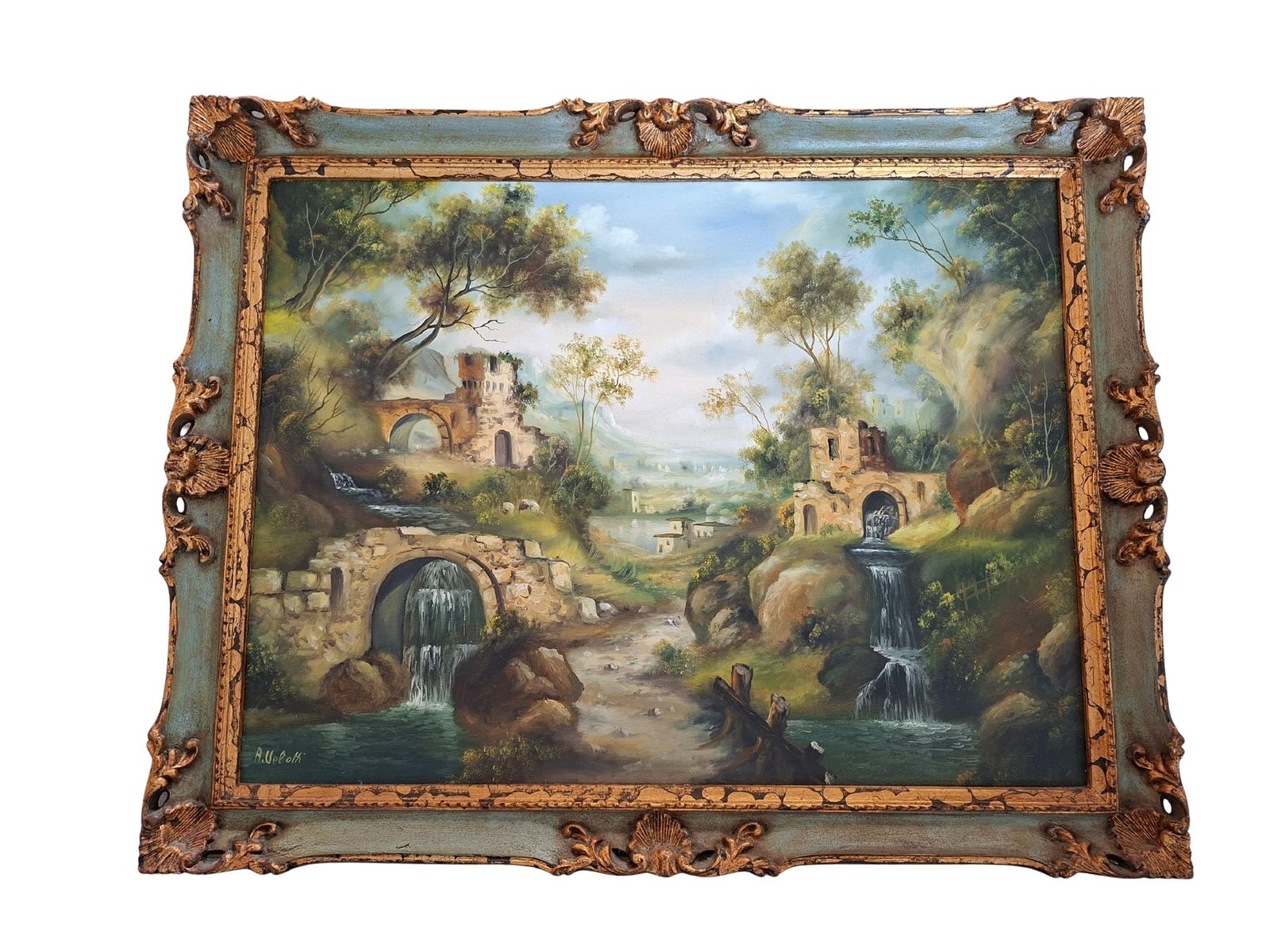 Splendido Dipinto Olio Su Tela Paesaggio Arcadico Di A. Velotti photo vintage