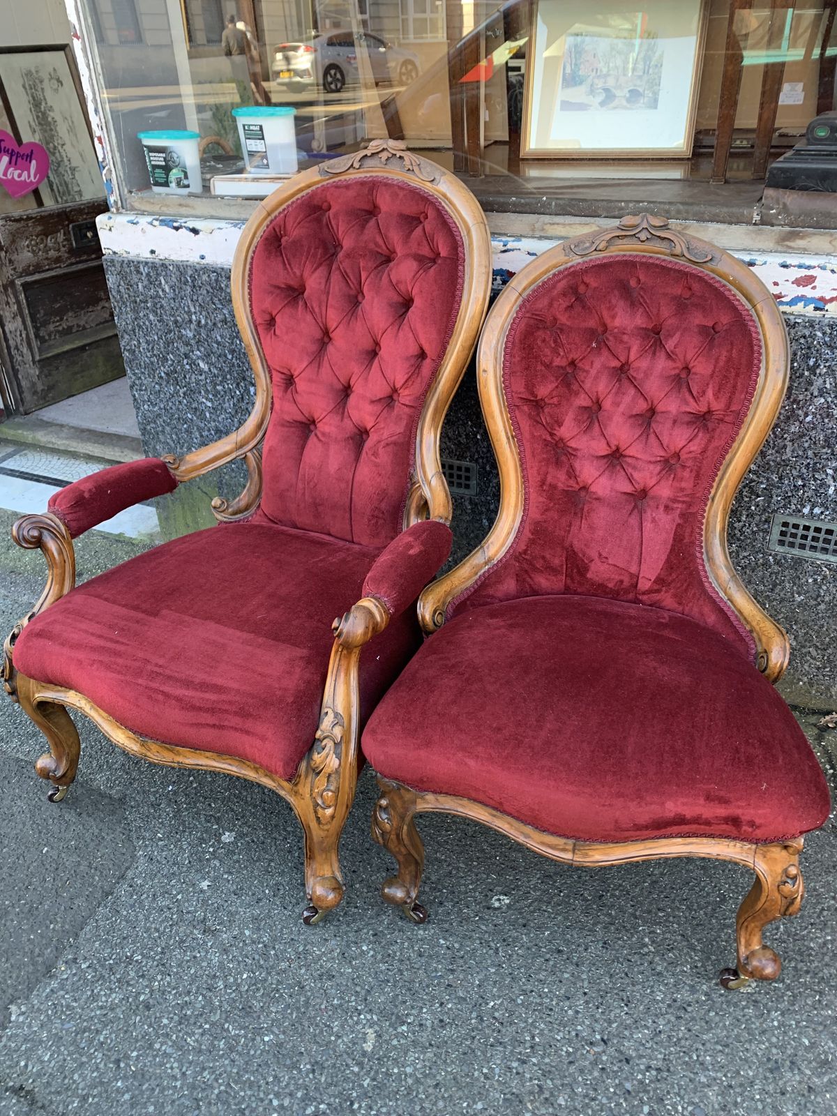 Pair Of Victorian Ladies And Gents Walnut Framed Parlour Chairs