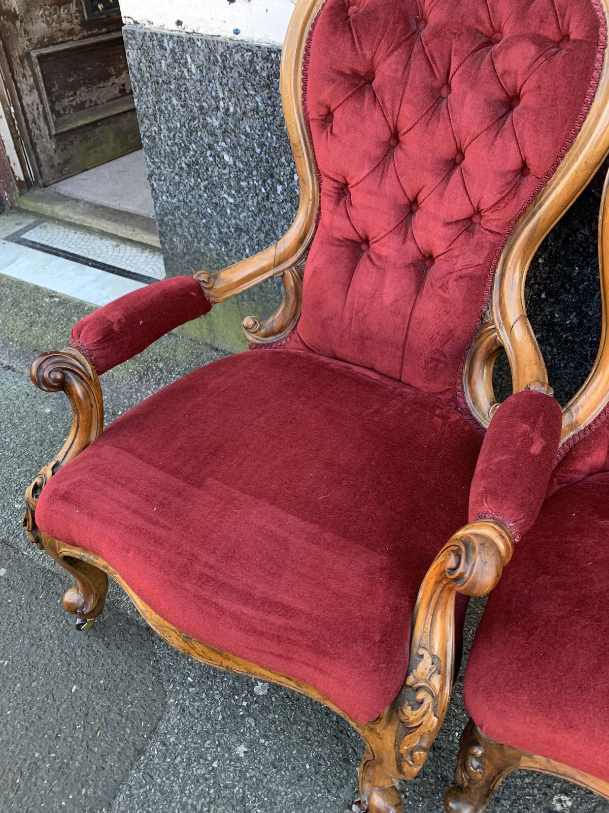 Pair Of Victorian Ladies And Gents Walnut Framed Parlour Chairs photo for sale