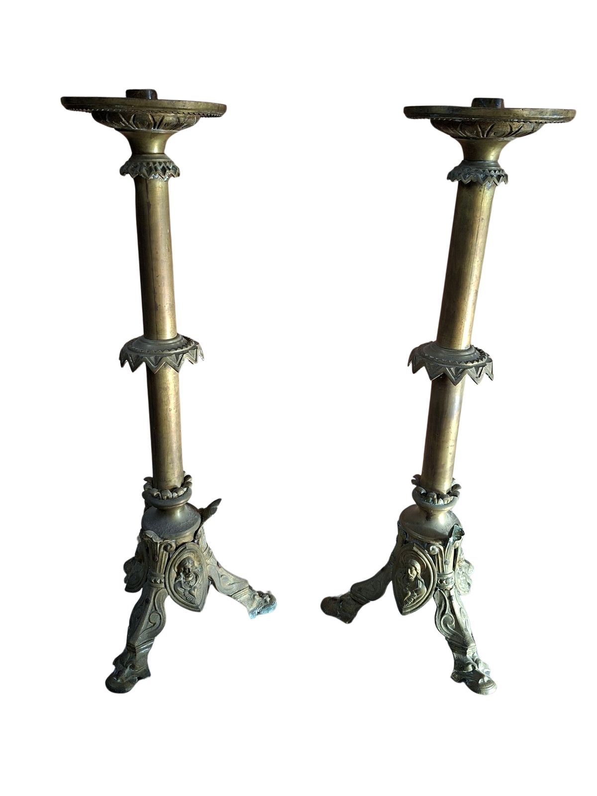 Coppia Candelabri D'altare Antichi In Bronzo Stile Neogotico H 60 Cm photo vintage