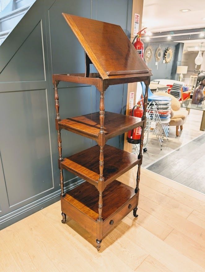 A George III Period Mahogany Four Tier Whatnot With Hinged Adjustable Reading Stand photo furniture