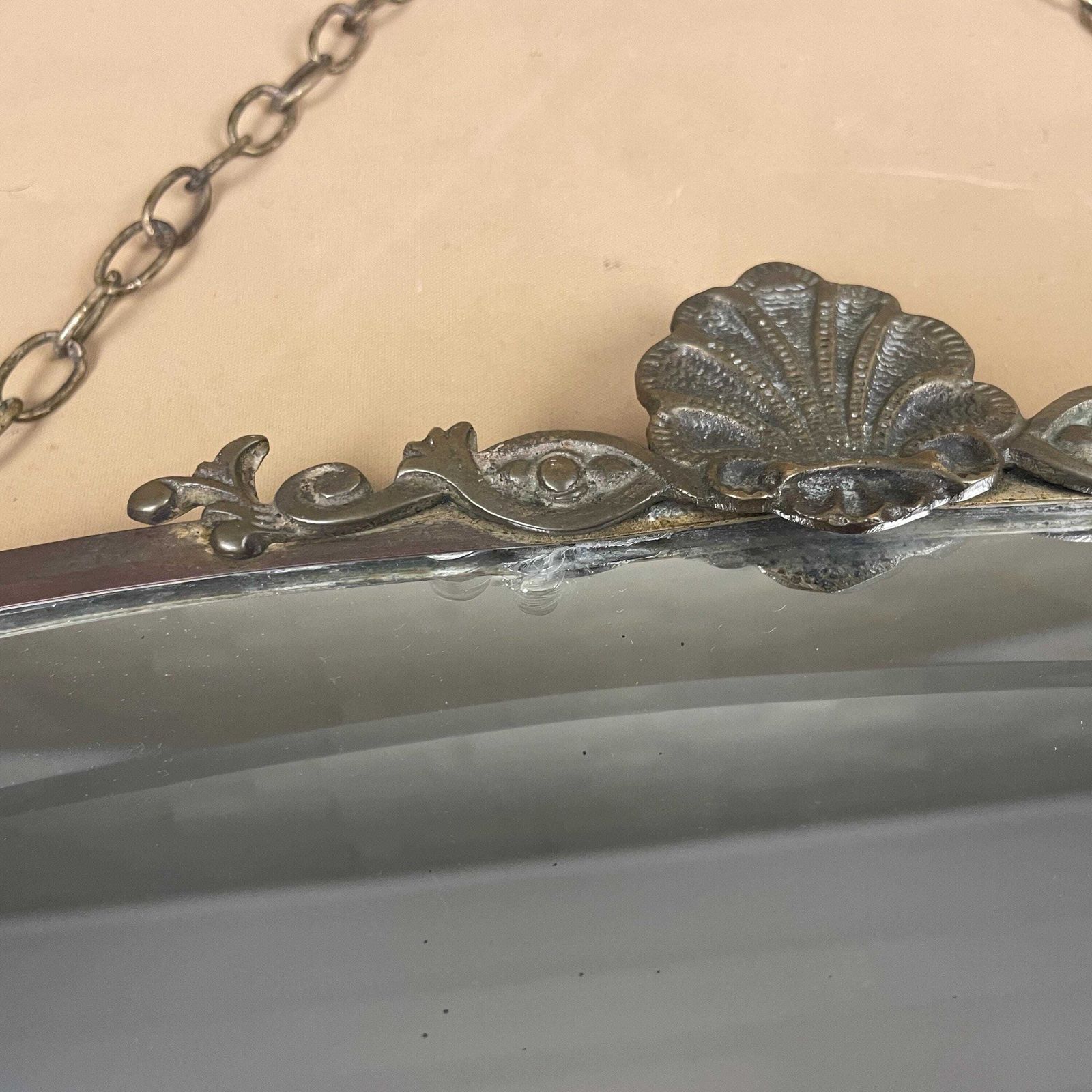 Antique Wall Mirror Oval Metal Frame Bevelled Glass Hanging Chain Vintage 43.5x69.5cm Bedroom Hallway Pattern Border Pewter Silver Ornate photo Home Decor
