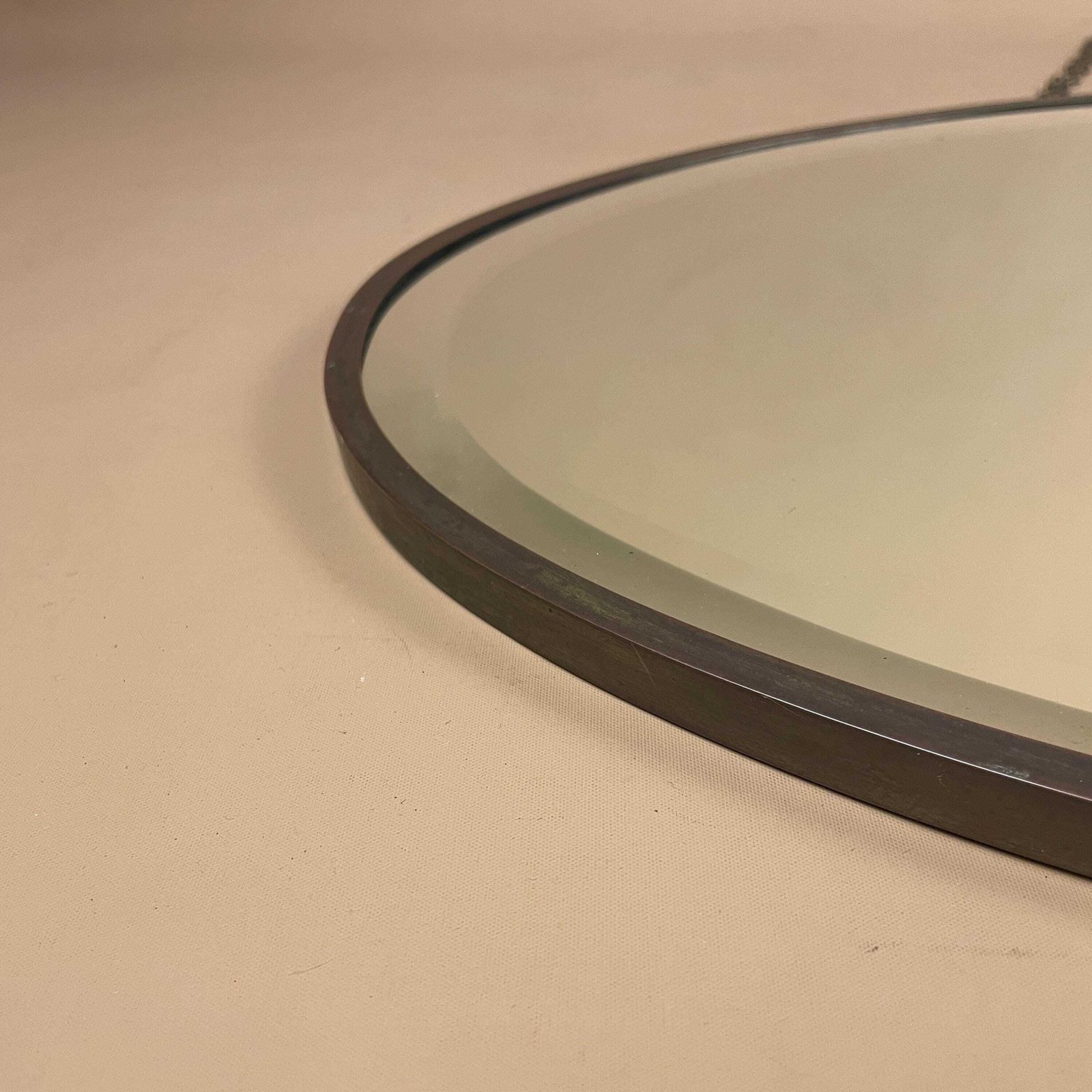 Antique Wall Mirror Oval Metal Frame Bevelled Glass Hanging Chain Vintage 43.5x69.5cm Bedroom Hallway Pattern Border Pewter Silver Ornate photo vinterior