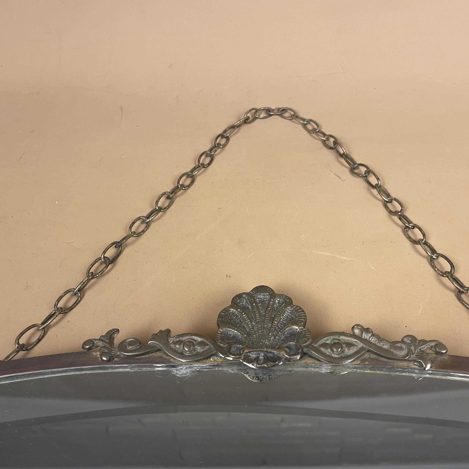 photo for sale Antique Wall Mirror Oval Metal Frame Bevelled Glass Hanging Chain Vintage 43.5x69.5cm Bedroom Hallway Pattern Border Pewter Silver Ornate