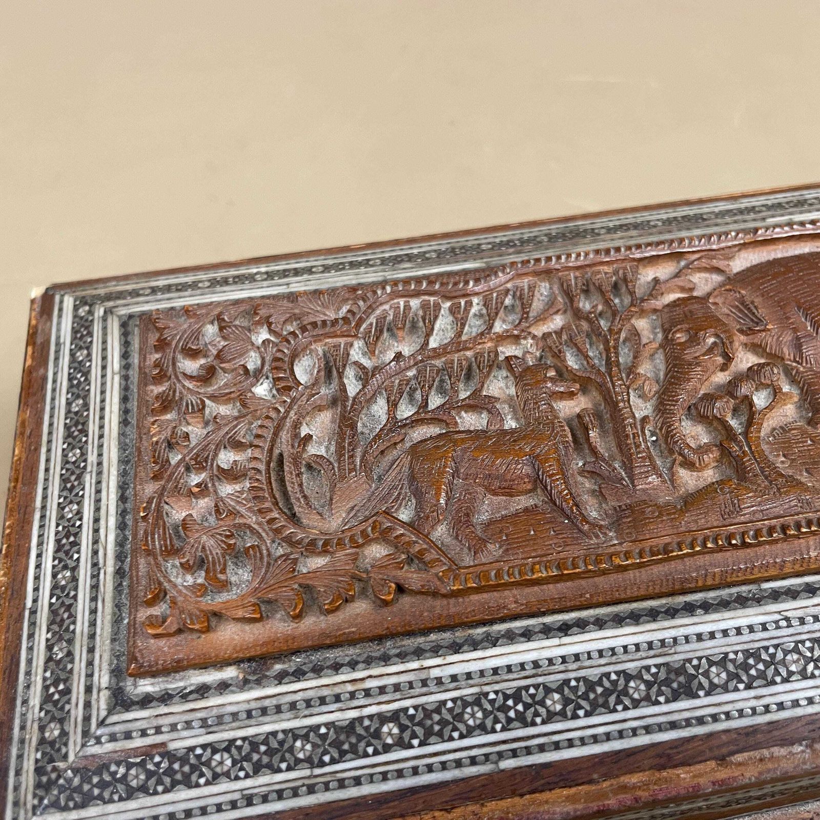 Antique Indian Box Hand Carved Animal Pattern Trinket Jewellery Table Top Brown Intricate Detail 3d Relief Key Lock Pattern Marquetry photo for sale