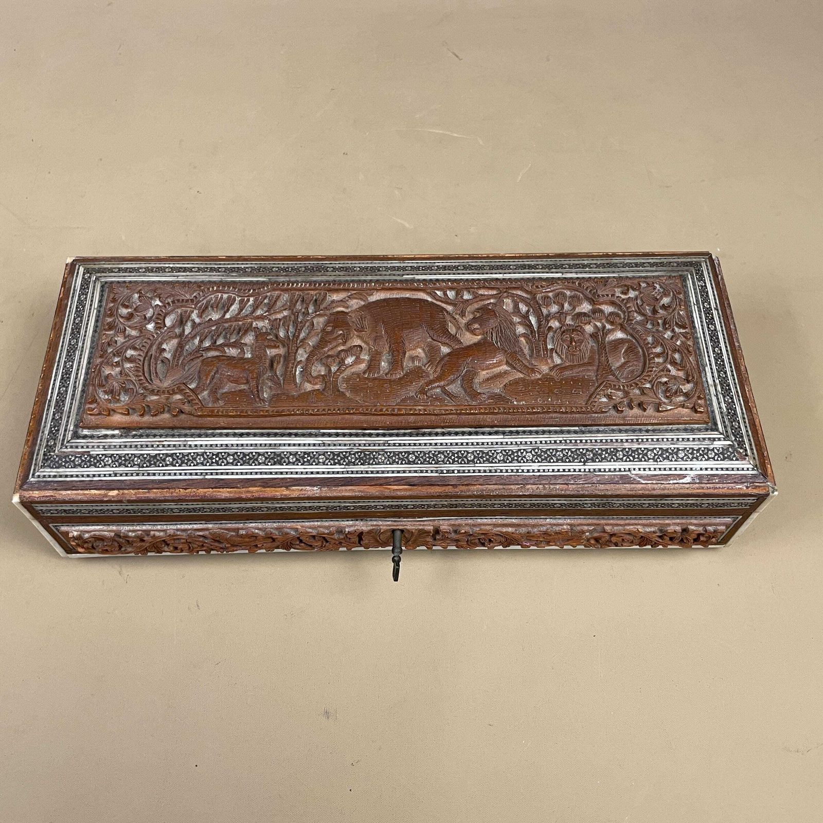 Antique Indian Box Hand Carved Animal Pattern Trinket Jewellery Table Top Brown Intricate Detail 3d Relief Key Lock Pattern Marquetry photo buy