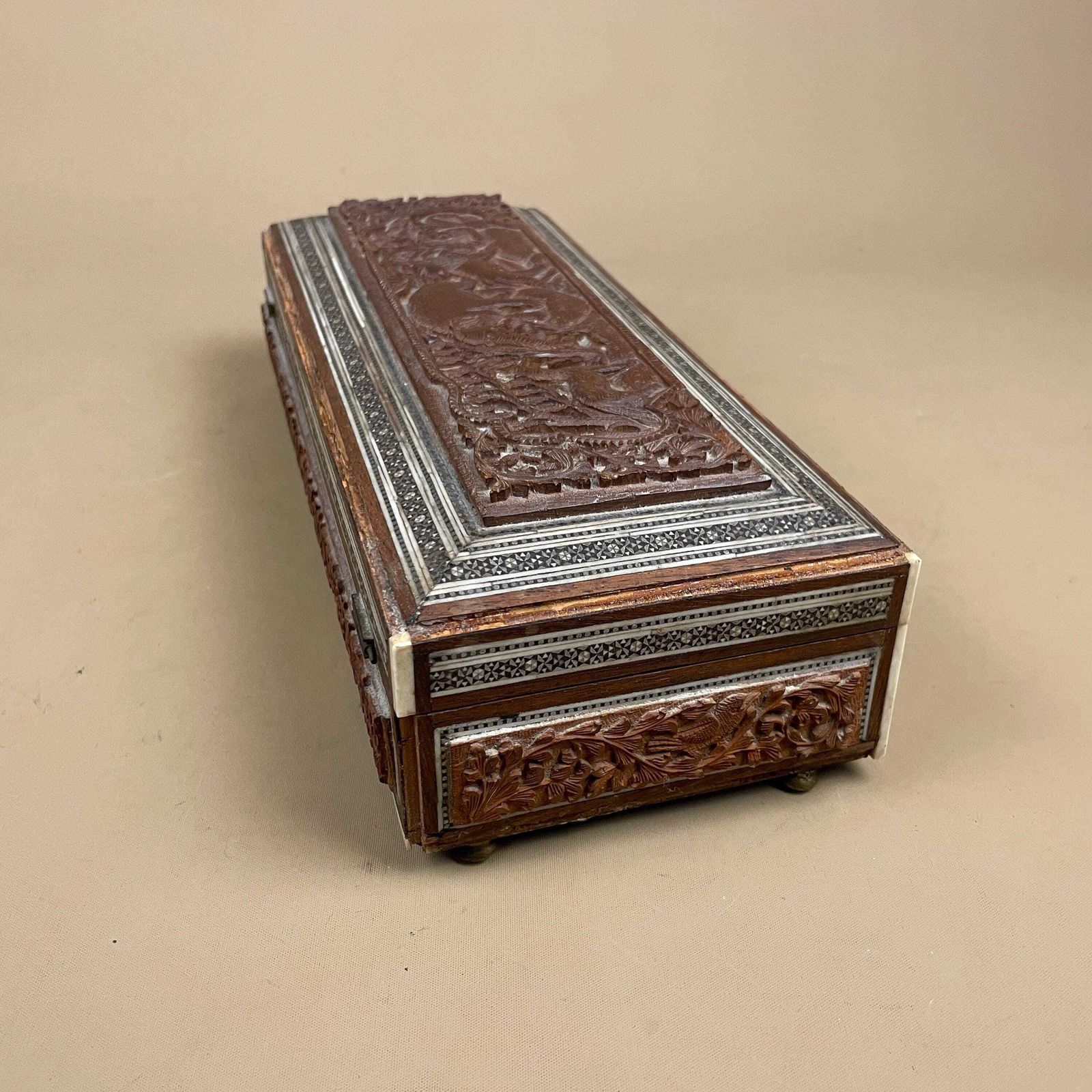 photo for sale Antique Indian Box Hand Carved Animal Pattern Trinket Jewellery Table Top Brown Intricate Detail 3d Relief Key Lock Pattern Marquetry