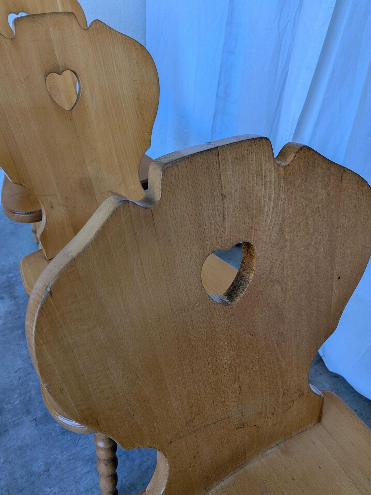 Set Of 4 Vintage Tyrolean Heart Cutout Wooden Dining Chairs, Rustic Farmhouse Style photo Furniture