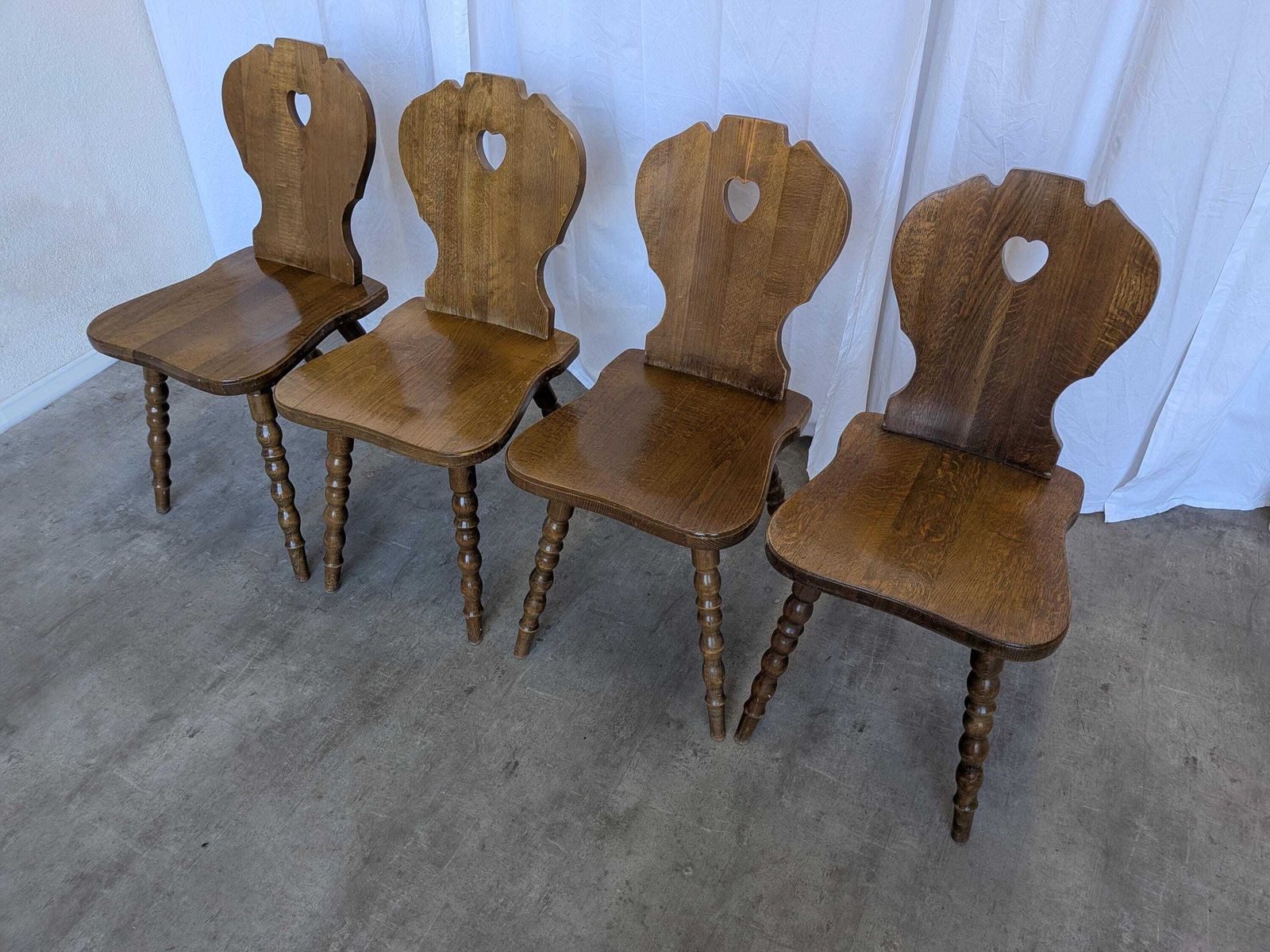Set Of 4 Vintage Tyrolean Heart Cutout Wooden Dining Chairs / Darker Brown Wood photo furniture