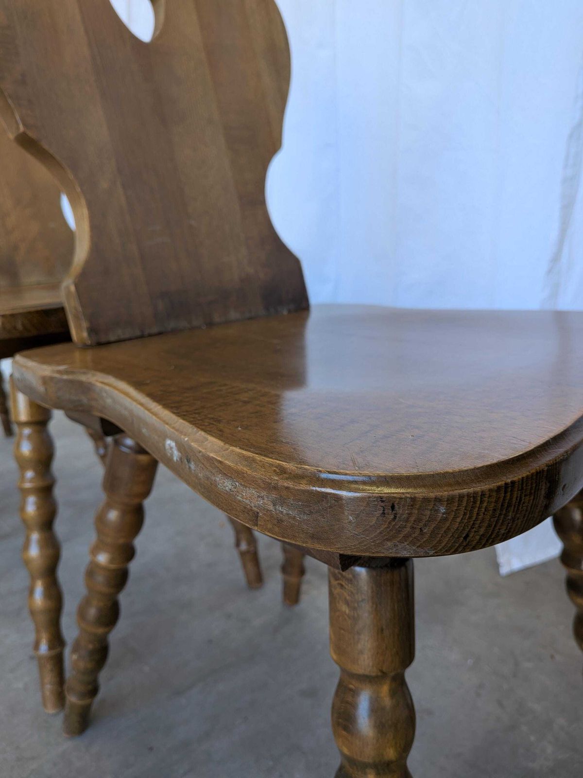 photo for sale Set Of 4 Vintage Tyrolean Heart Cutout Wooden Dining Chairs / Darker Brown Wood