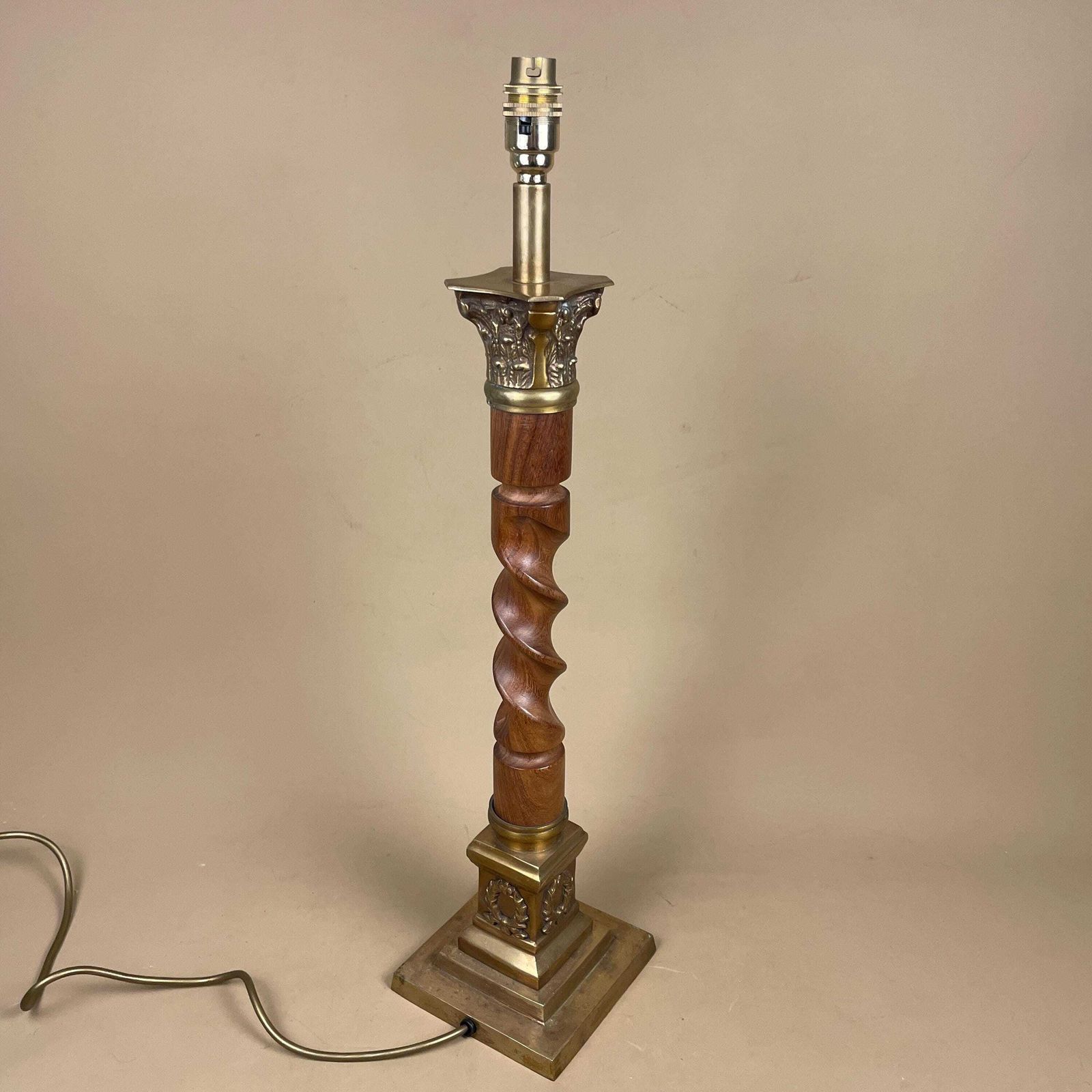Antique Twisted Wood Lamp Wooden Light Table Brown Brass Metal Gold Trims Large Regency Hollywood Twist Ornate Grand Classic Square photo furniture